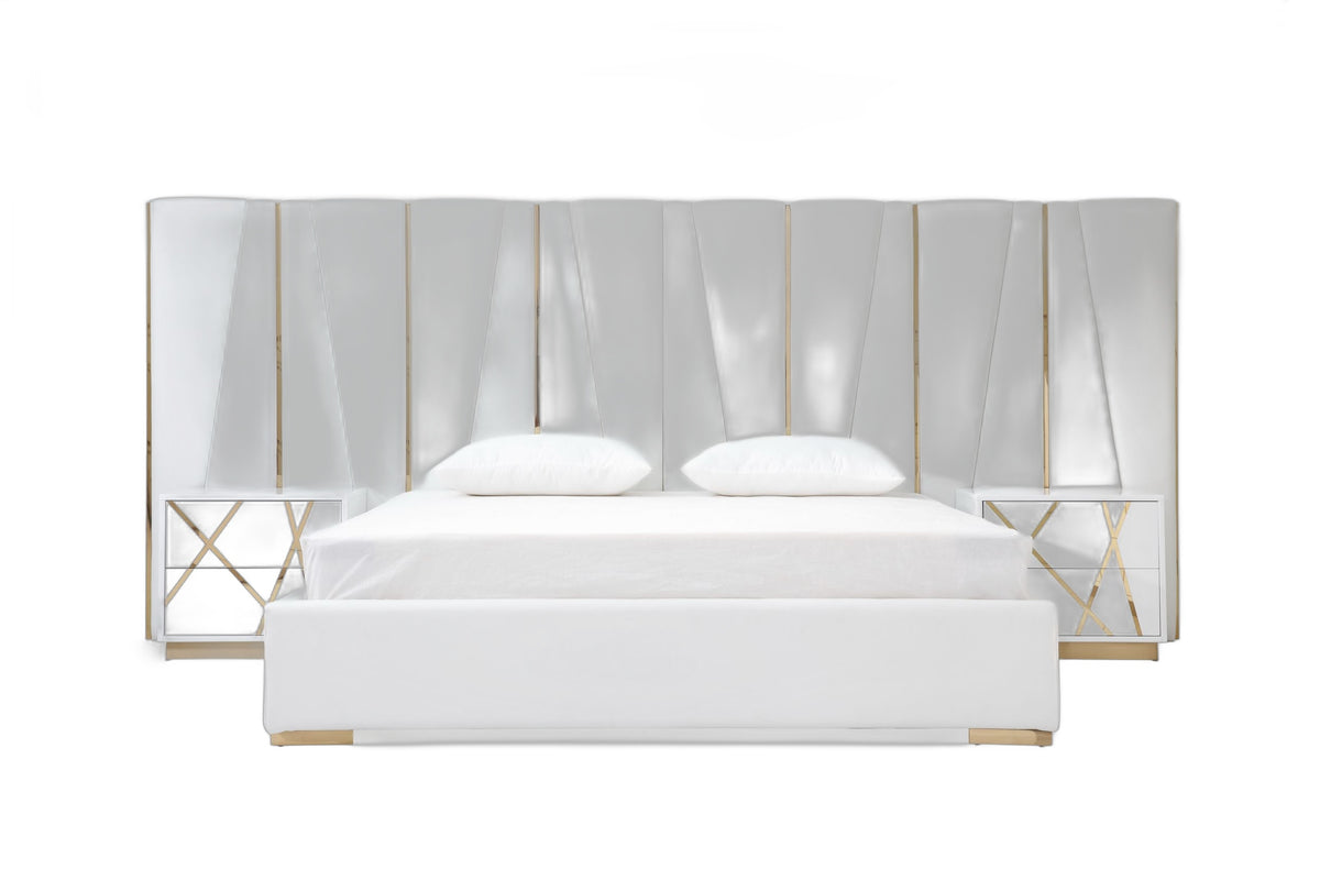 Nixa - Queen Modern White + Gold Bed + Nightstands