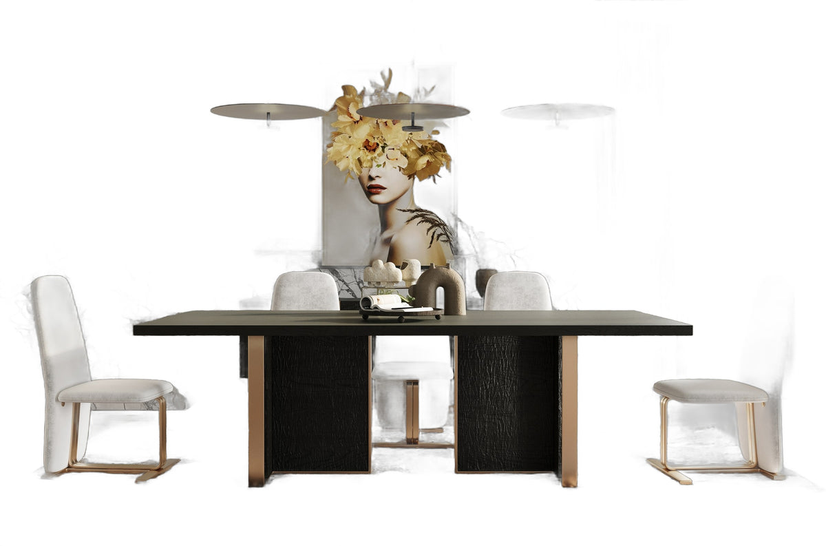 Tasha - Modern Black Ash + Brushed Gold Rectangular Dining Table