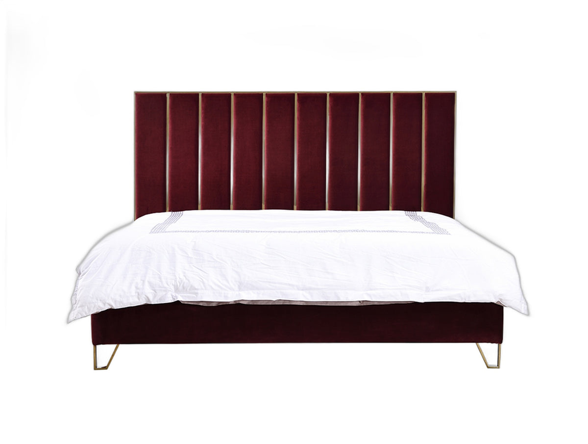 Reyes Modern Red Velvet & Gold Bed