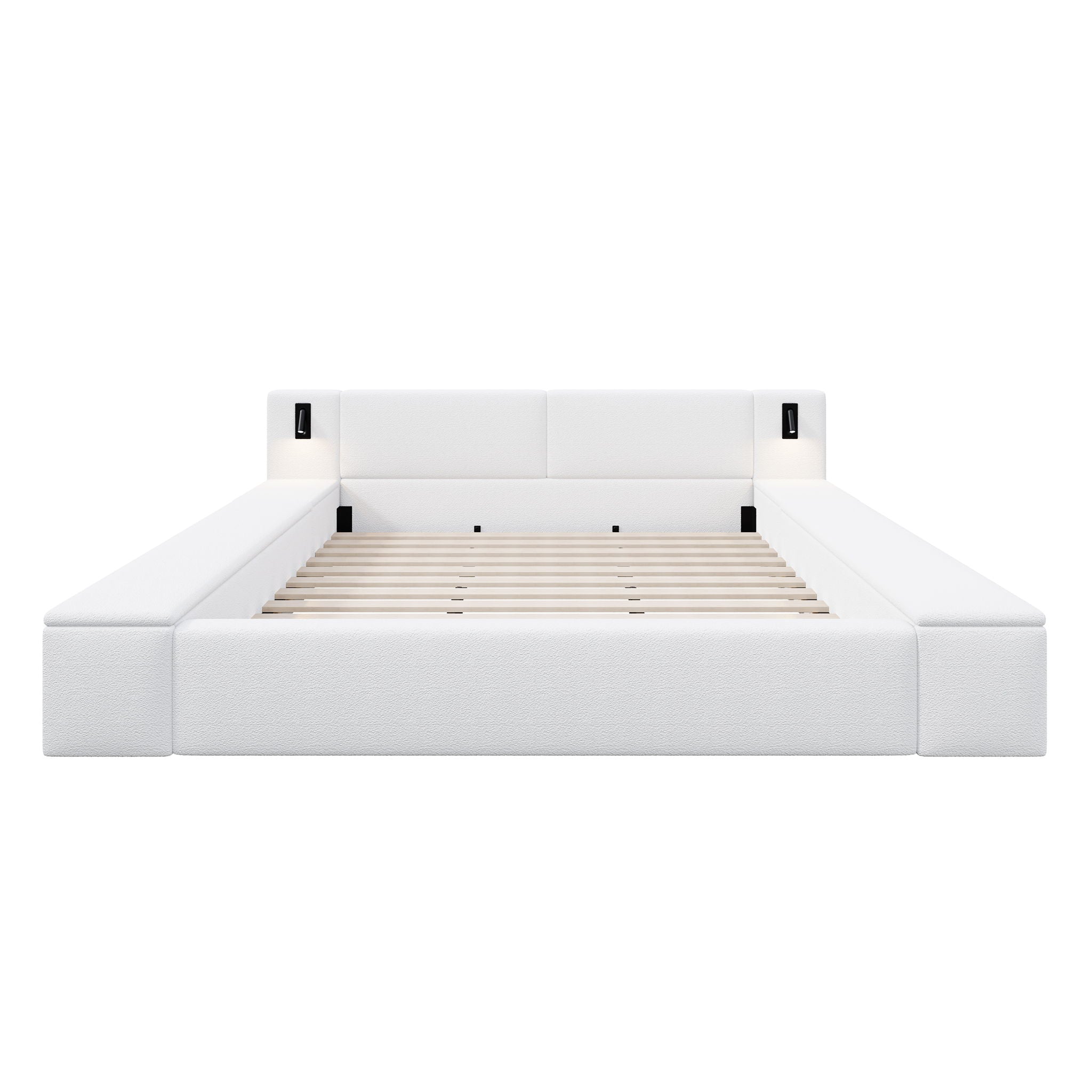 Upholstered Platform Bed Frame With Hidden Storage, Built-In Nightstands & LED Reading Lights