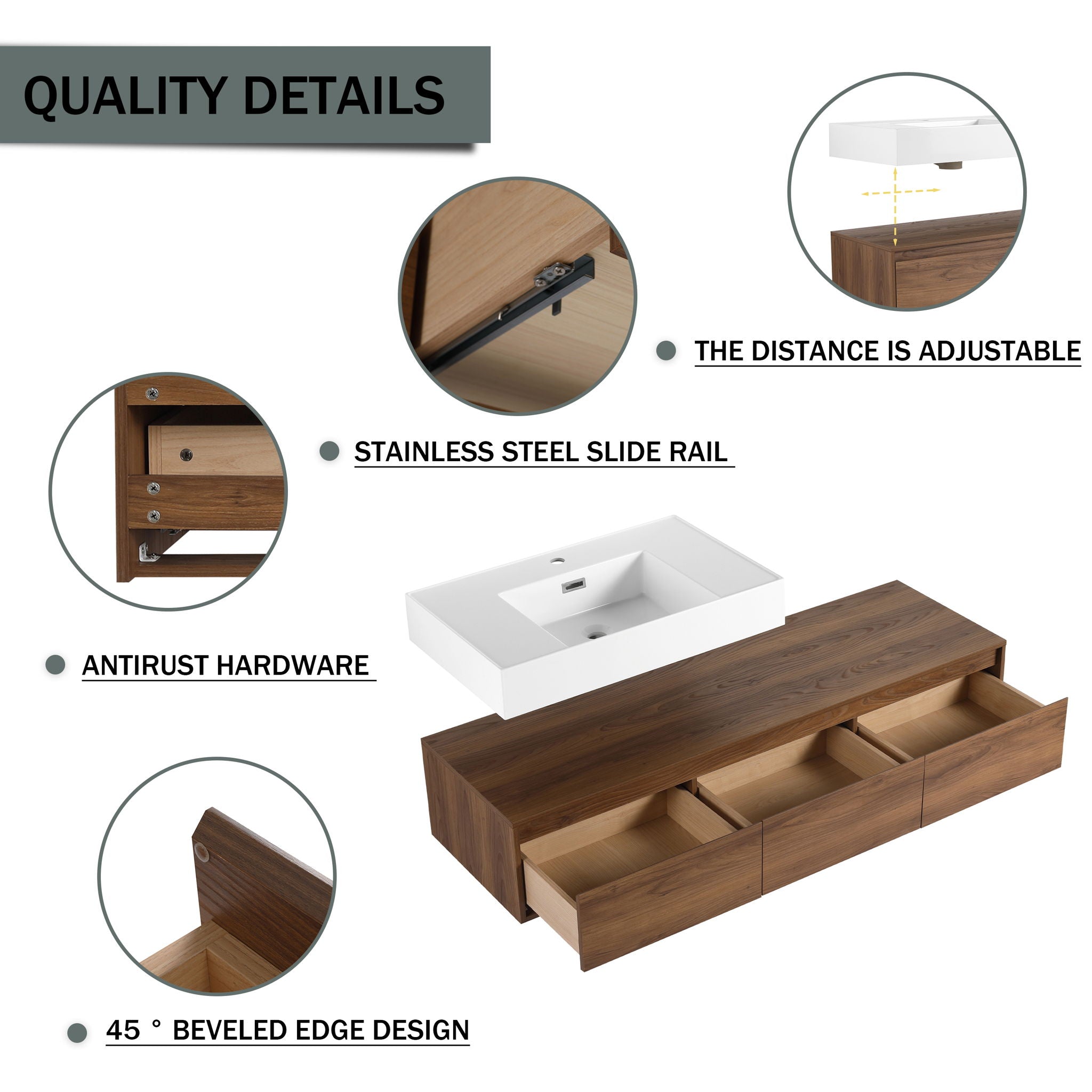 Modern Wall Mounted Bathroom Vanity With Resin Sink And Soft Close Drawer - Brown Ebony