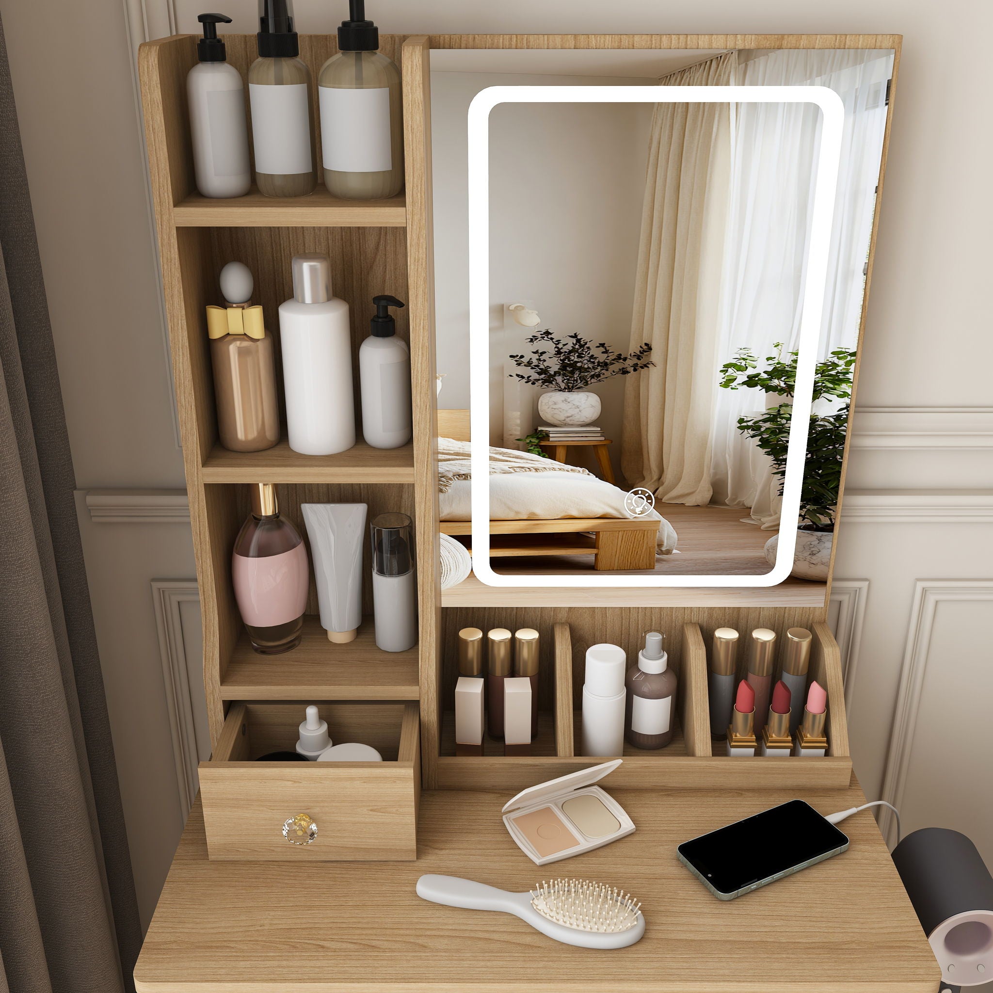 Small Vanity Desk With 3 LED Lighting Modes, 3 Drawers, Hair Dryer Holder, Power Socket, And Dressing Chair - Natural Walnut