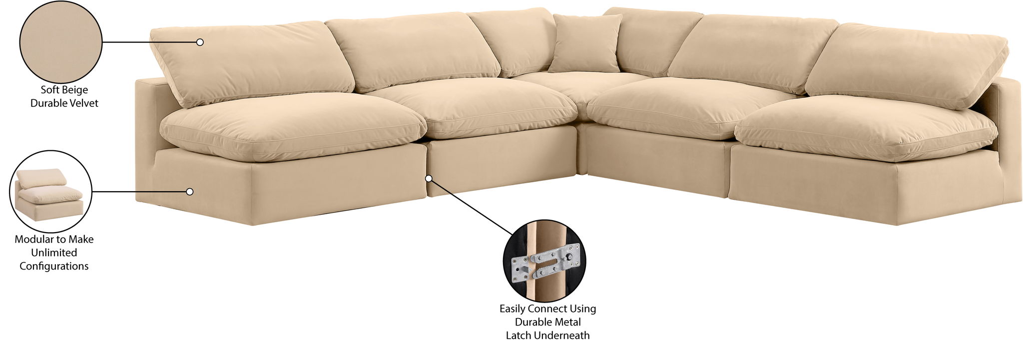Comfy - 5 Piece Velvet Modular Corner Armless Sectional