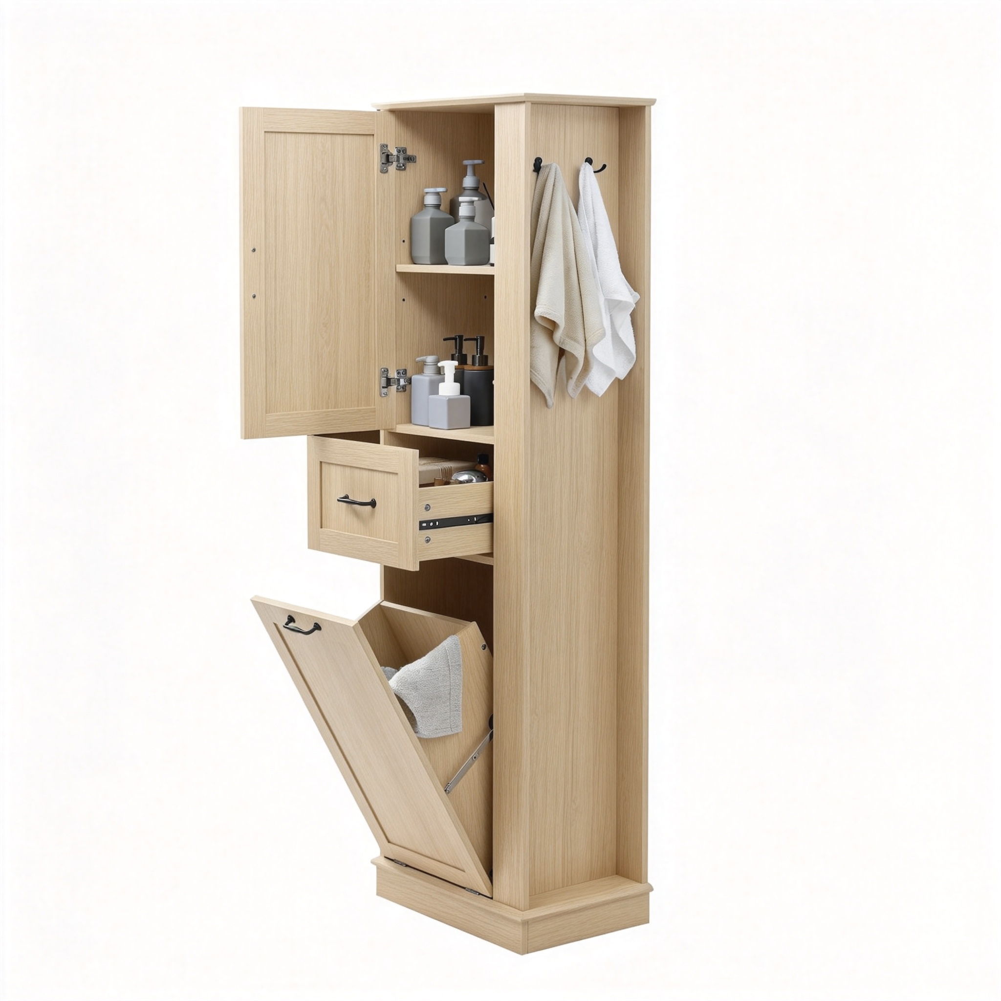 Tall Storage Cabinet With Tilt Out Compartment, Adjustable Shelves, Soft Close Hinges - Natural