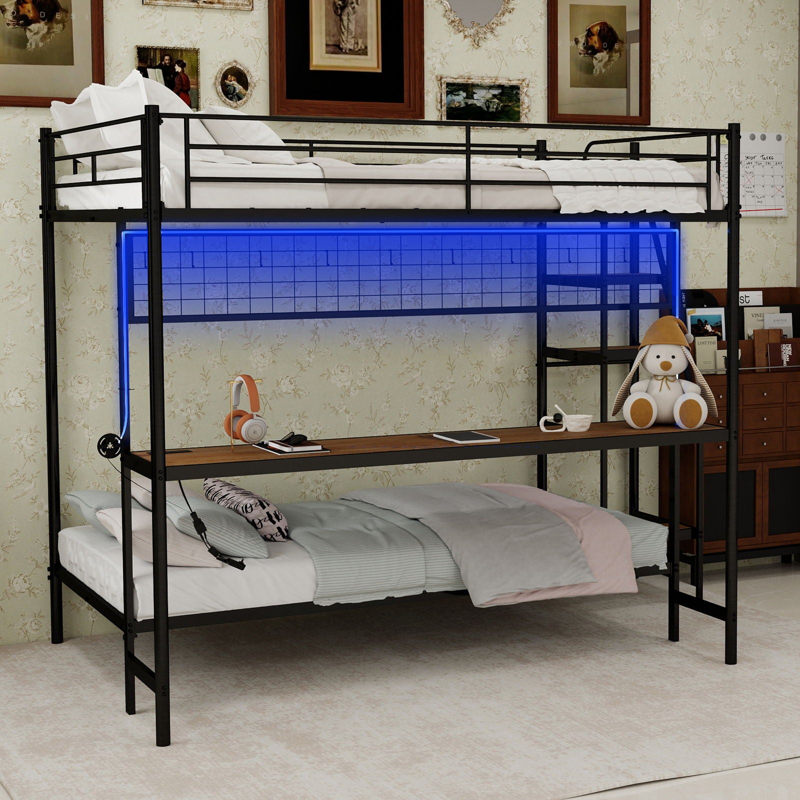 Bunk Bed With Built In Desk And LED Lighting
