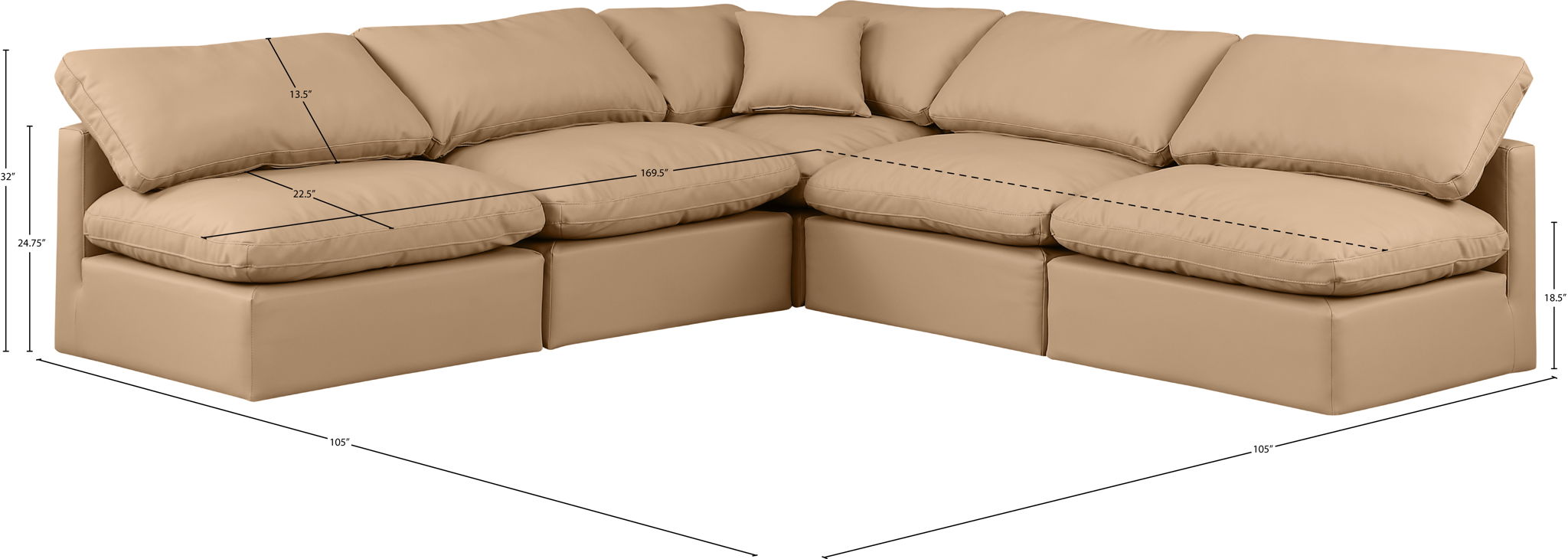 Indulge - Faux Leather 5 Piece Modular Corner Armless Sectional - Tan