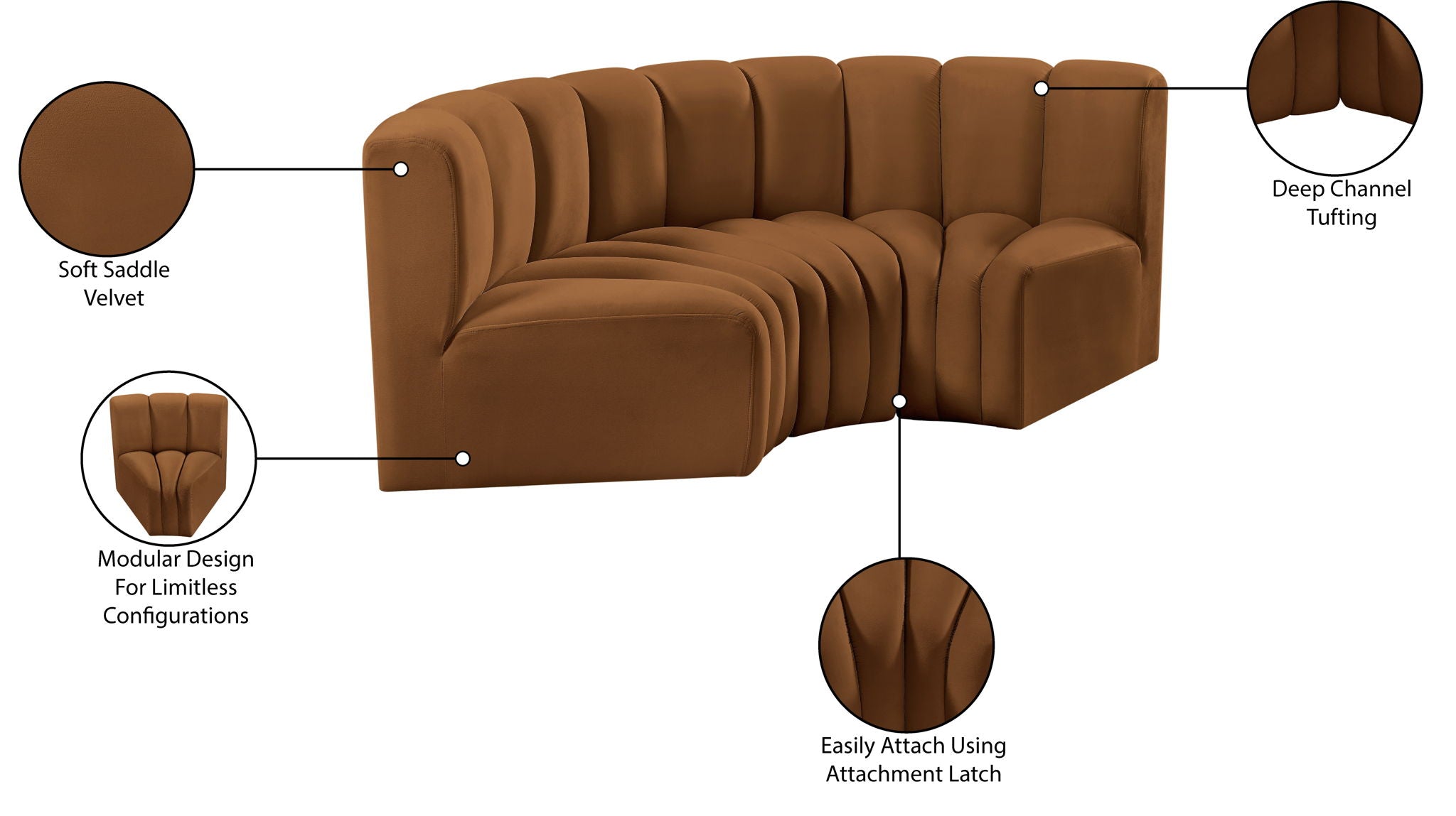 Arc - Velvet 3 Piece Modular U-Shaped Sofa - Saddle