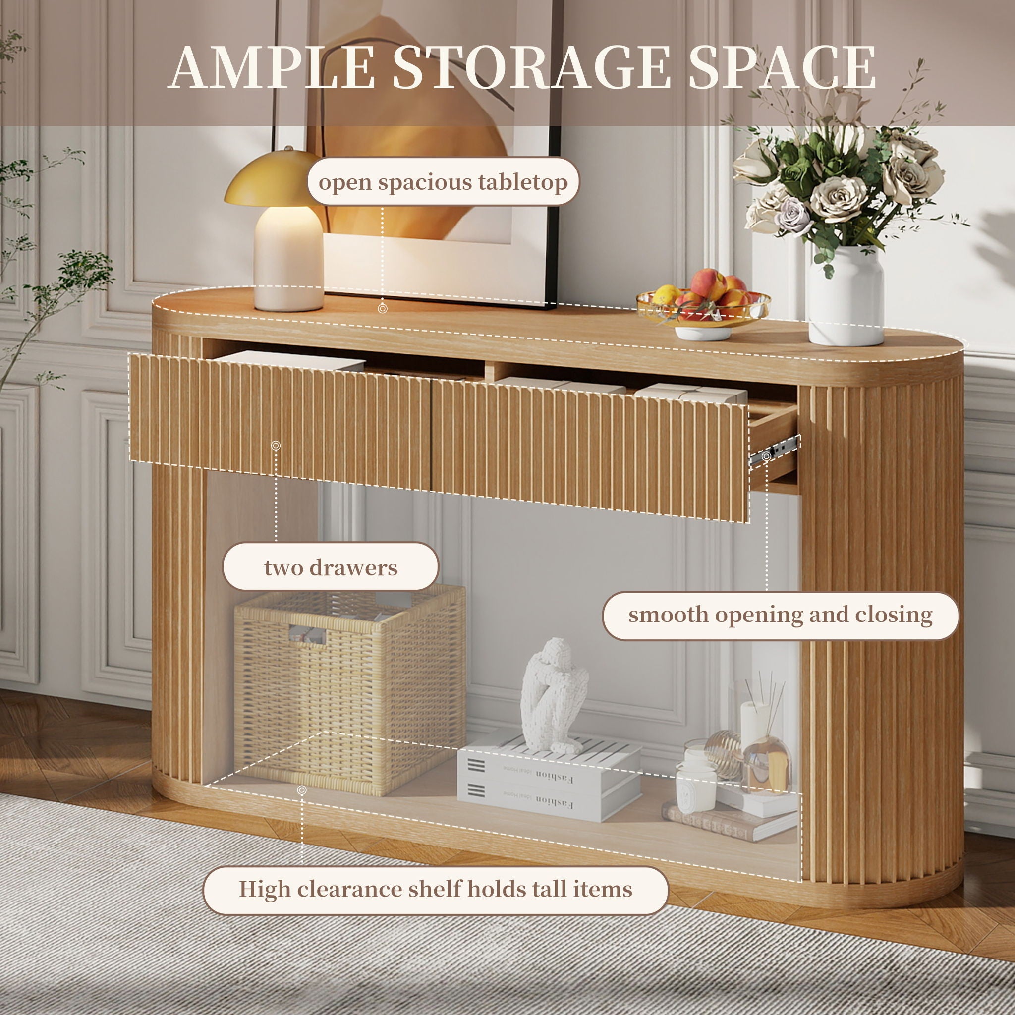 Oval Fluted Console Table With 2 Drawers And Bottom Shelf