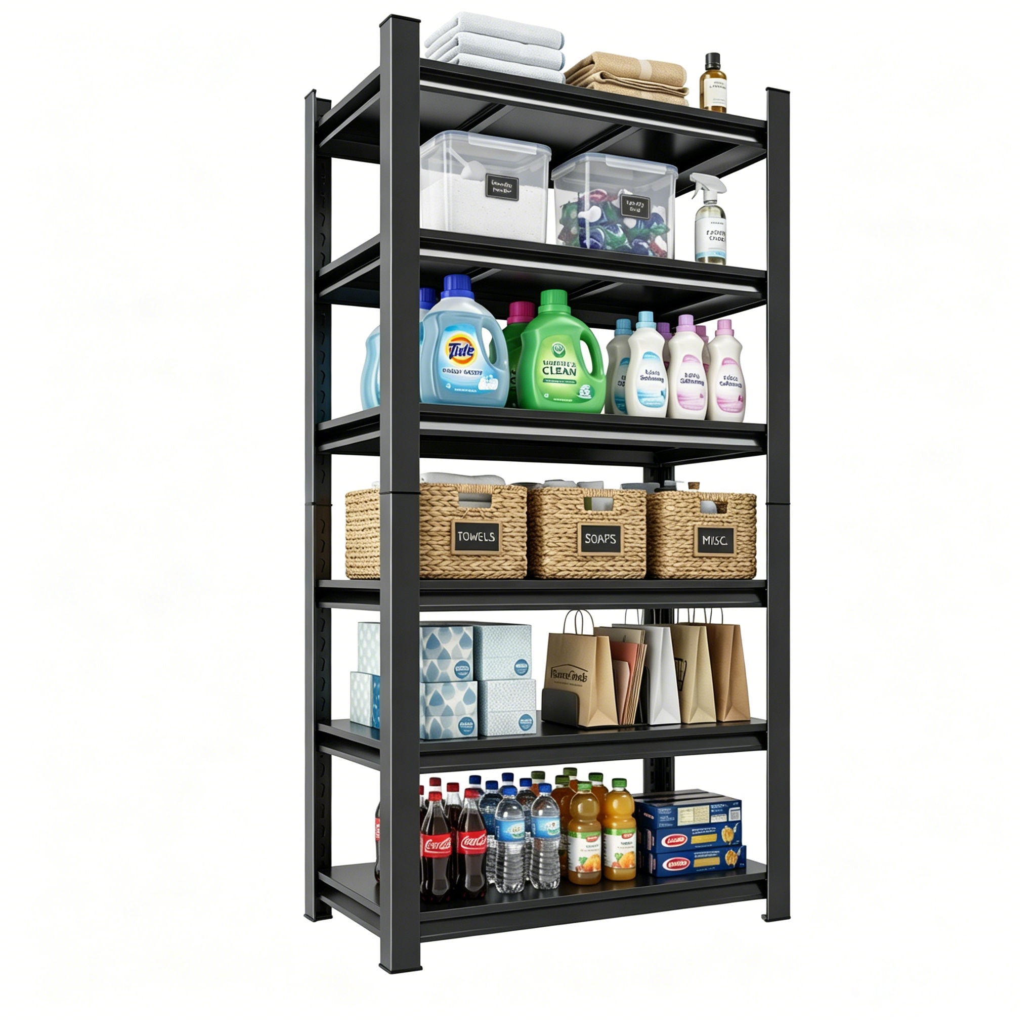 6 Tier Storage Rack, Garage Shelving, Adjustable Shelves & Reinforced Double Layer Uprights - Black