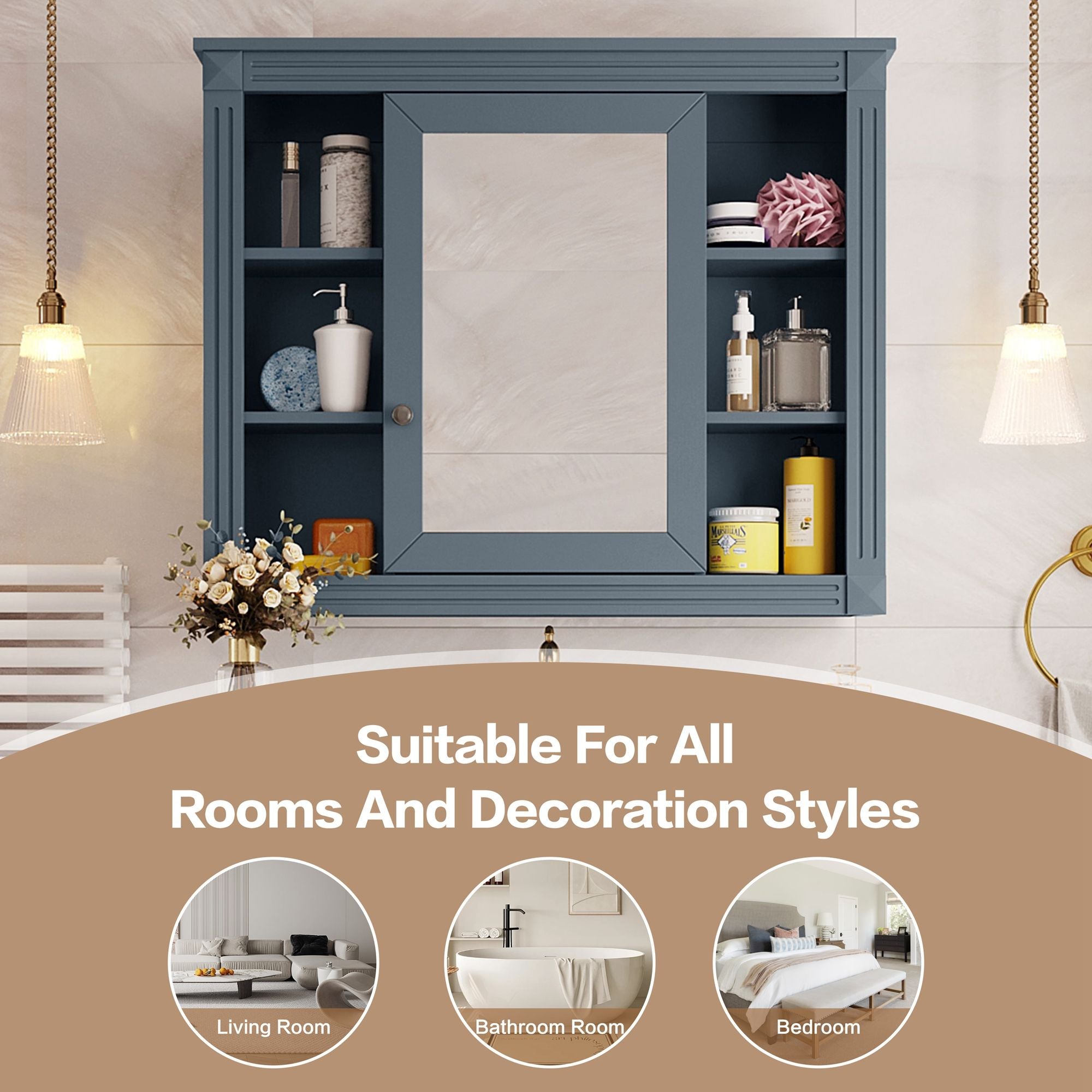 Wall Mounted Bathroom Storage Cabinet With Mirror, Cabinet With 6 Open Shelves And Adjustable Interior