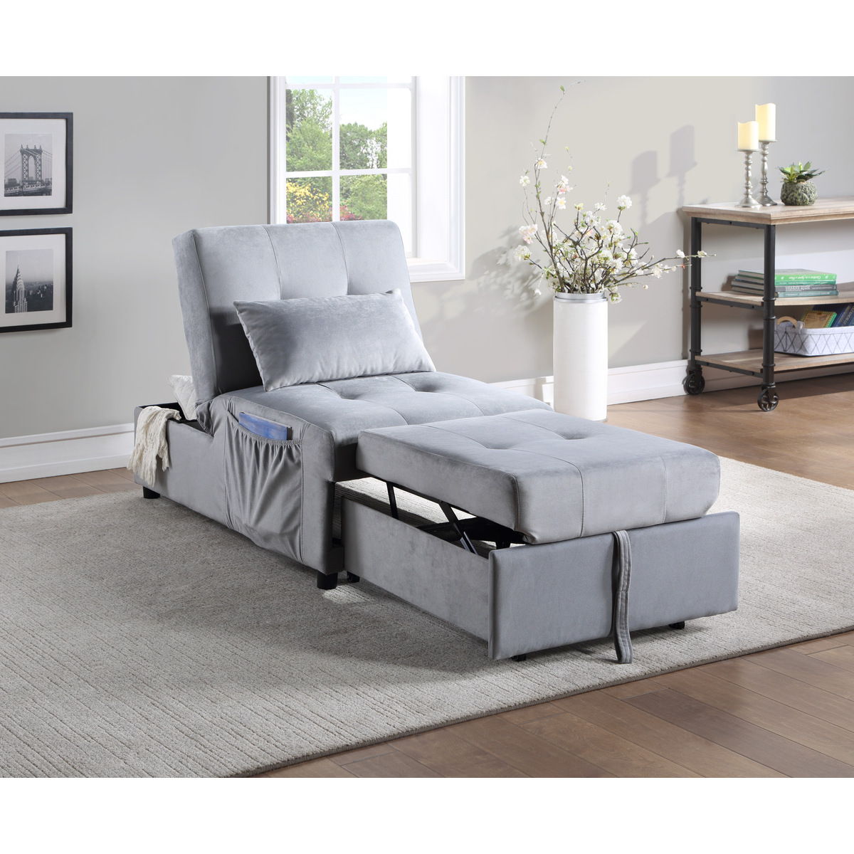 Garrell - Lift Top Storage Bench With Pull-Out Bed - Gray