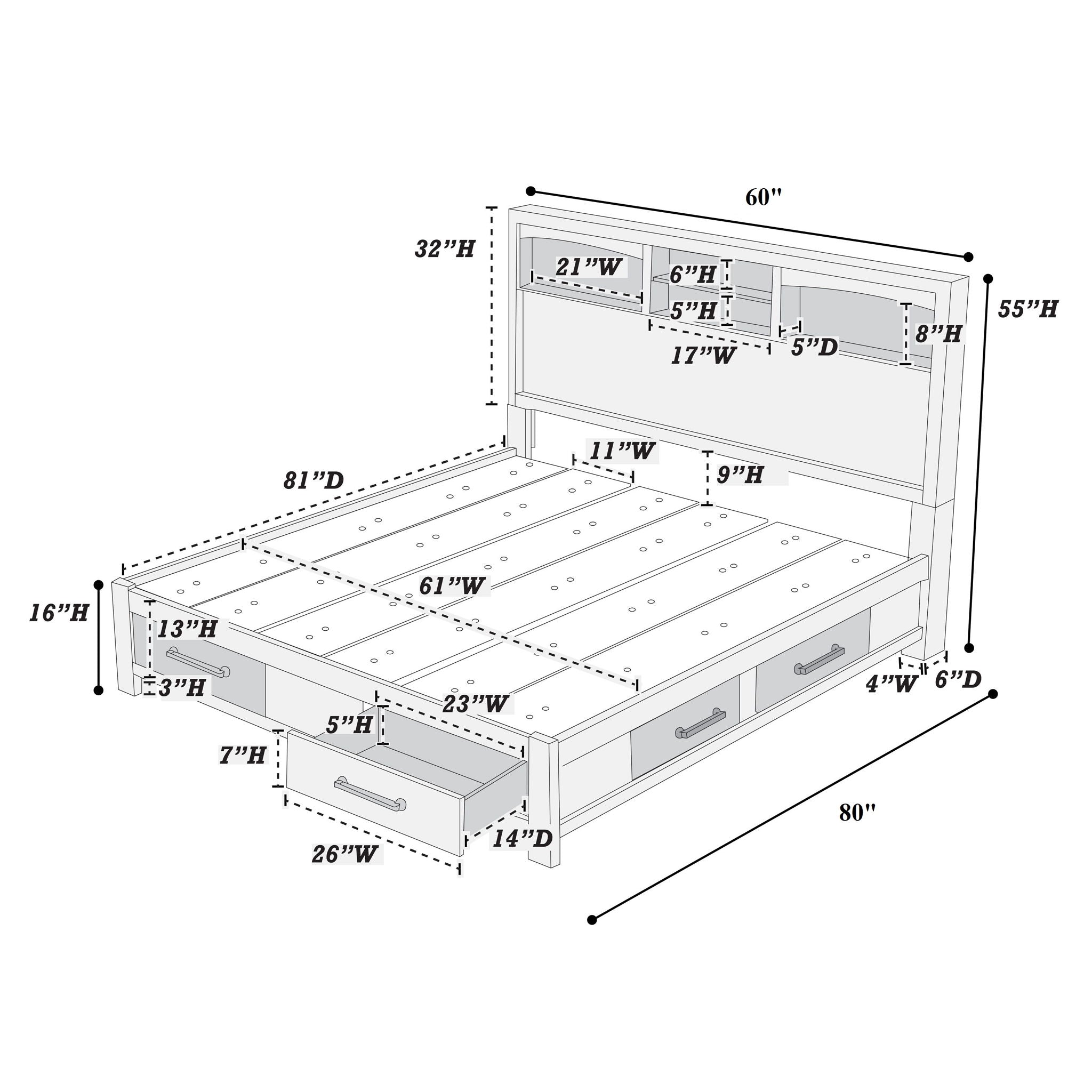 Transitional Bed With Smooth Gliding Drawers, Built In Lights, Open Headboard Shelves