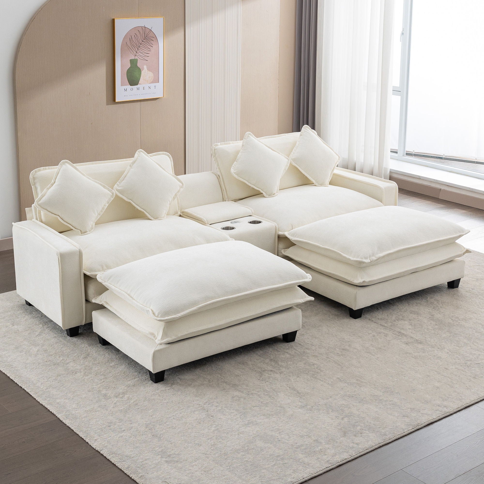 Sectional Sofa Upholstered Sofa With Two Removable Ottoman, Two USB Ports, Two Cup Holders And Large Storage Box For Living Room