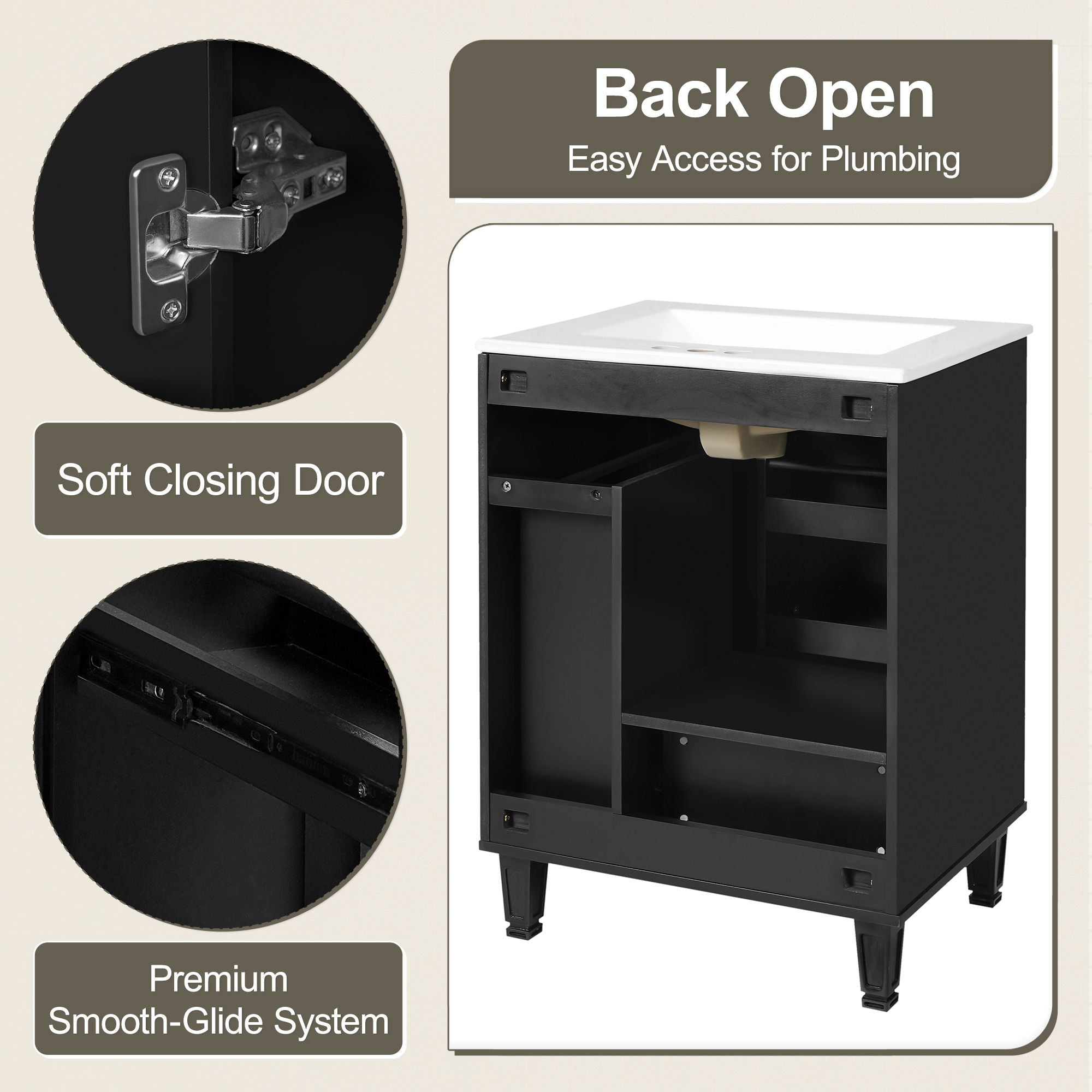 Bathroom Vanity With Sink, Deep Drawer And Pull Out Basket, Rectangular Design - Black