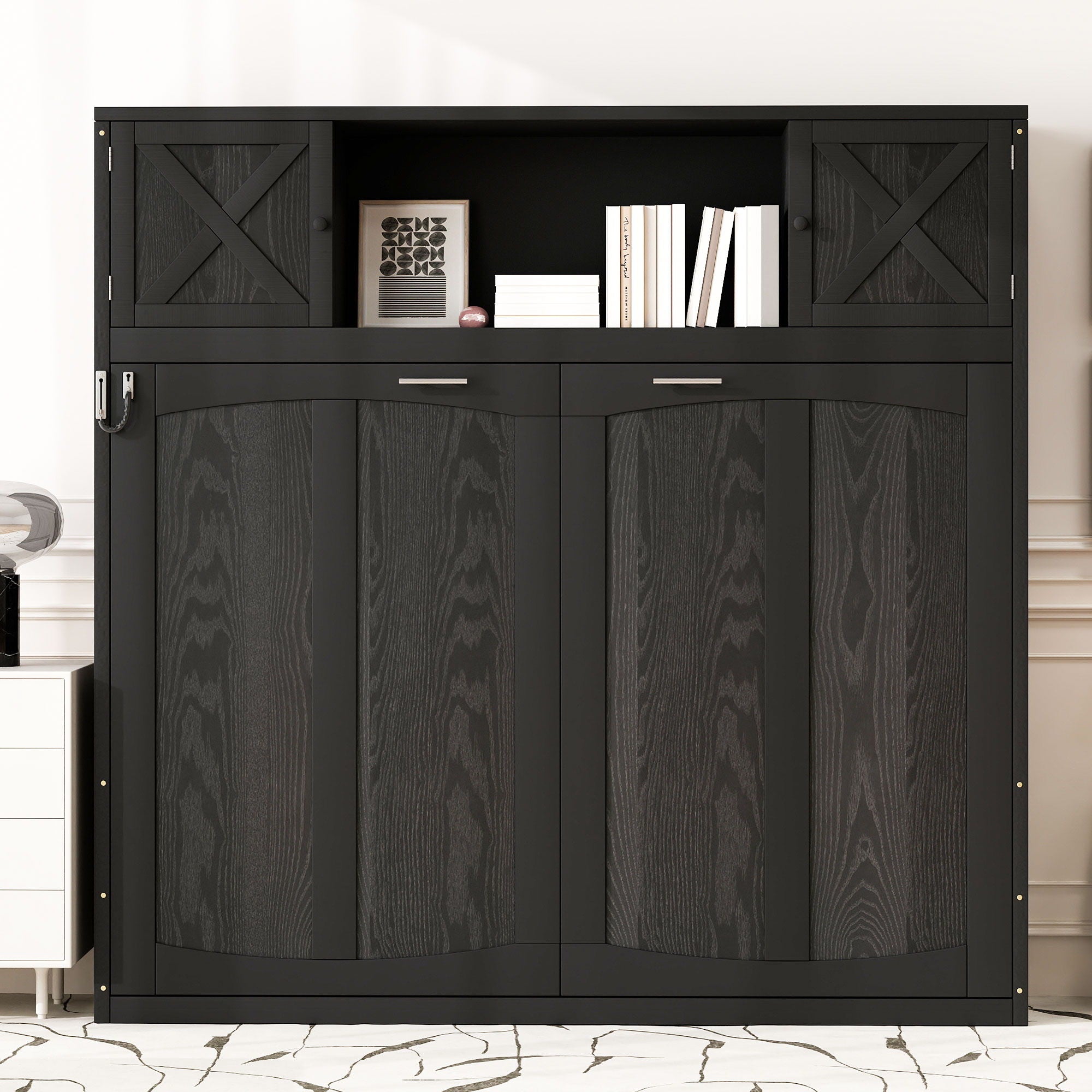 Full Size Murphy Bed With Storage Cabinets - Black