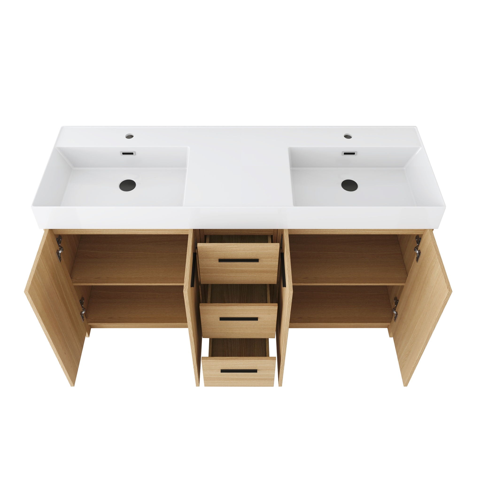 Double Sink Bathroom Vanity With 3 Drawers, Large Storage, Integrated Sink, Freestanding Cabinet, Soft Close Hardware - Glossy White / Light Oak