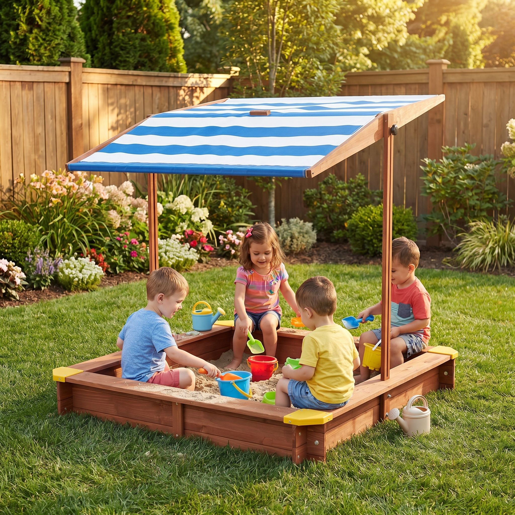 Kids Sandbox With Cover, Sand Box With Adjustable Canopy, Large Outdoor Cedar Sandpit For Backyard Play - Reddish Brown