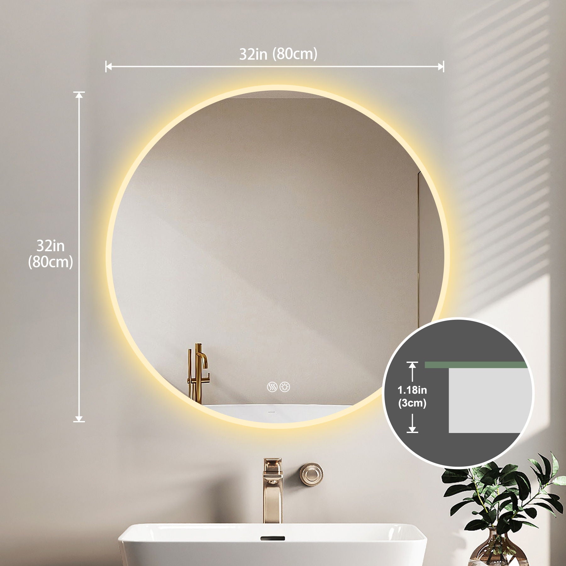 Round LED Bathroom Mirror With Adjustable Lights, Anti Fog & Dimmable For Home Decor - Silver