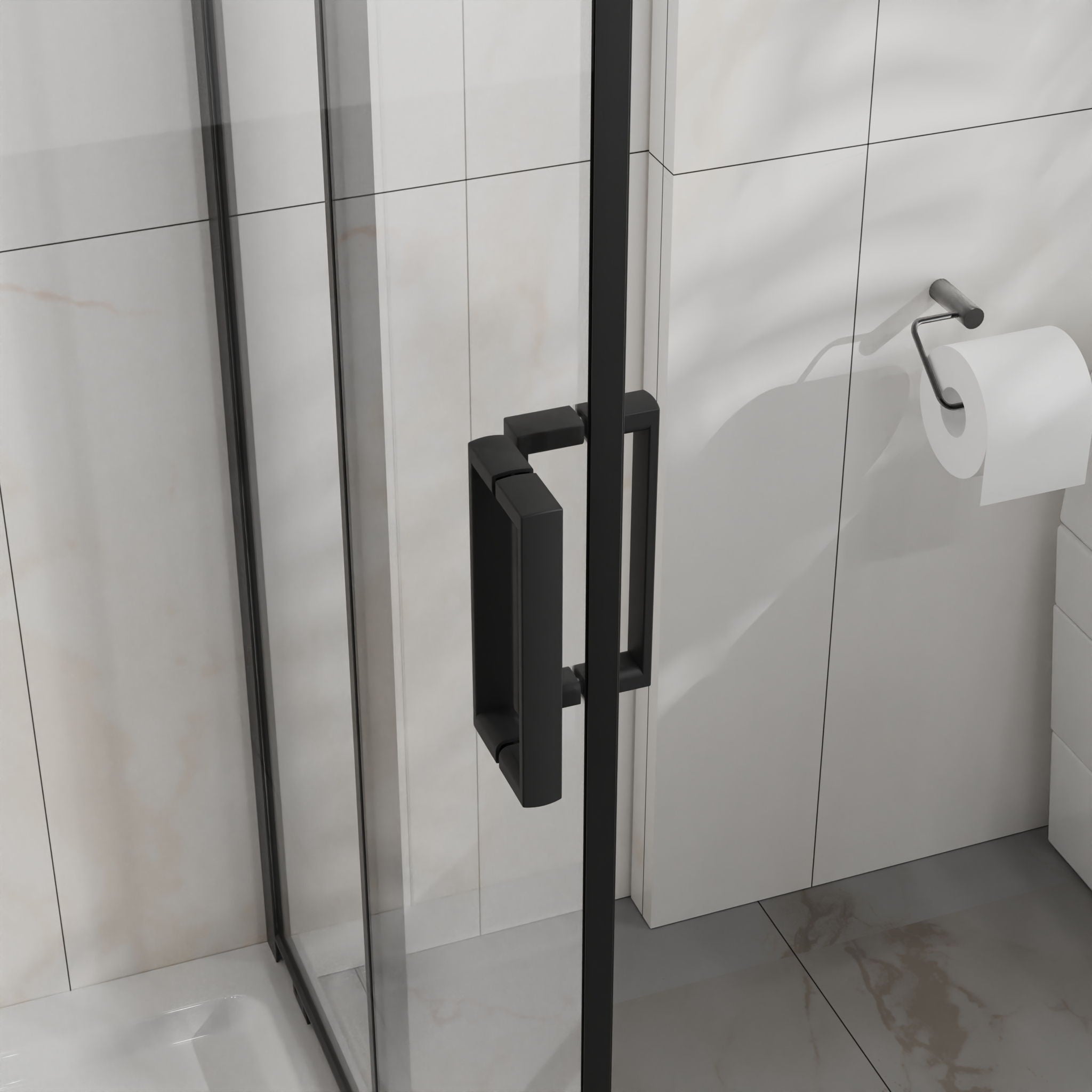 Corner Shower Enclosure, Double Sliding Door & Shower Base - Matte Black