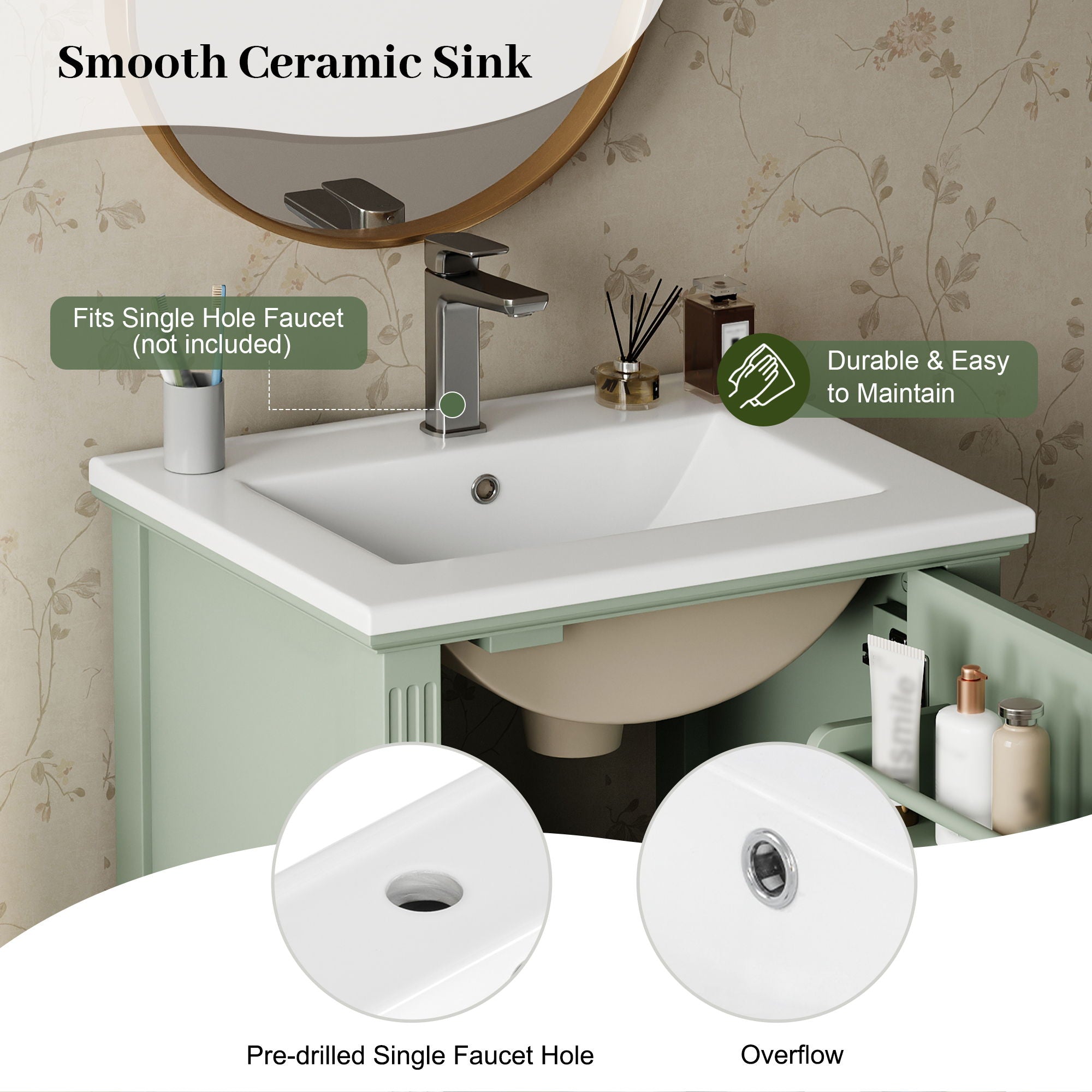 Bathroom Vanity & Sink, Freestanding Storage Cabinet, Soft Close Drawers & Doors - Green