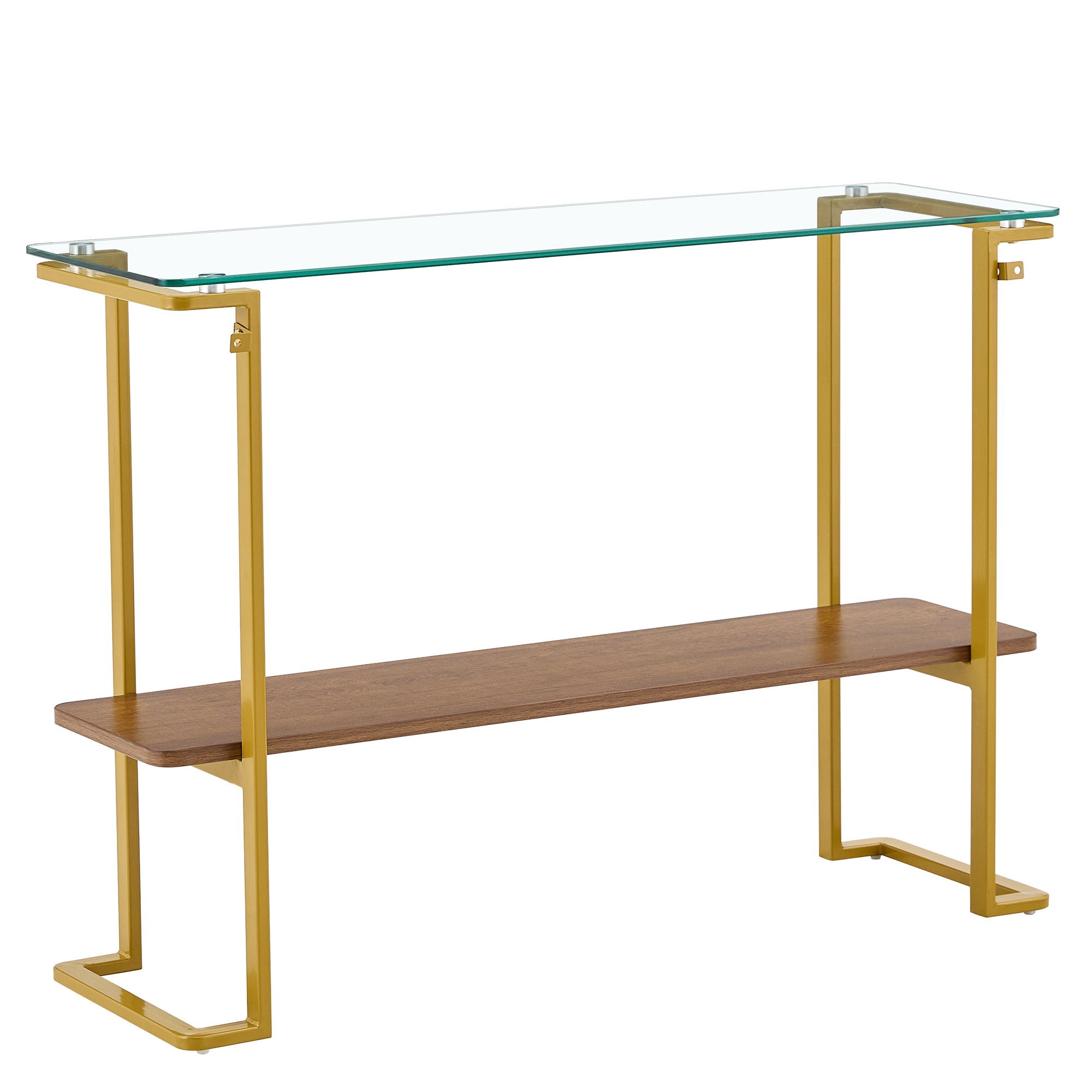 Console Table With Shelf, 2 Tier Living Room - Gold / Walnut