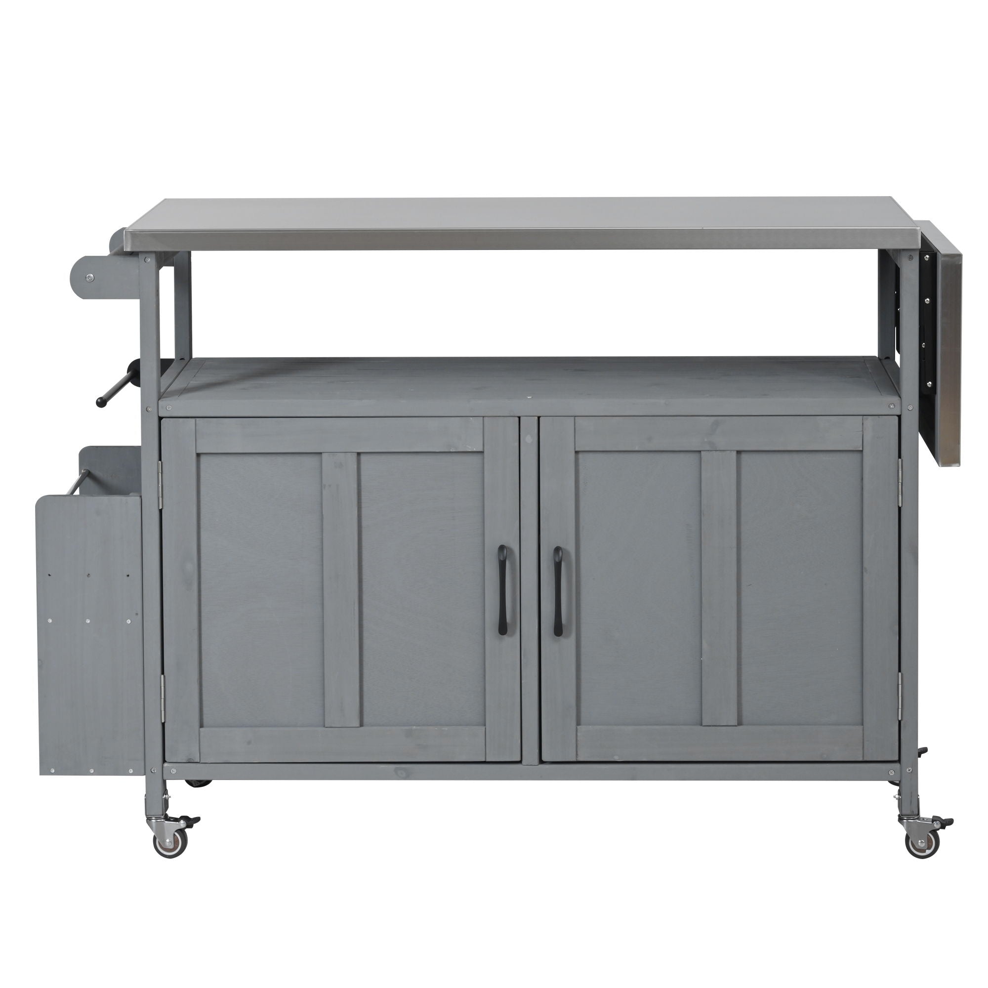 Foldable Outdoor Kitchen Island With Lockable Wheels, Storage Cabinet And Towel Rack For Patio
