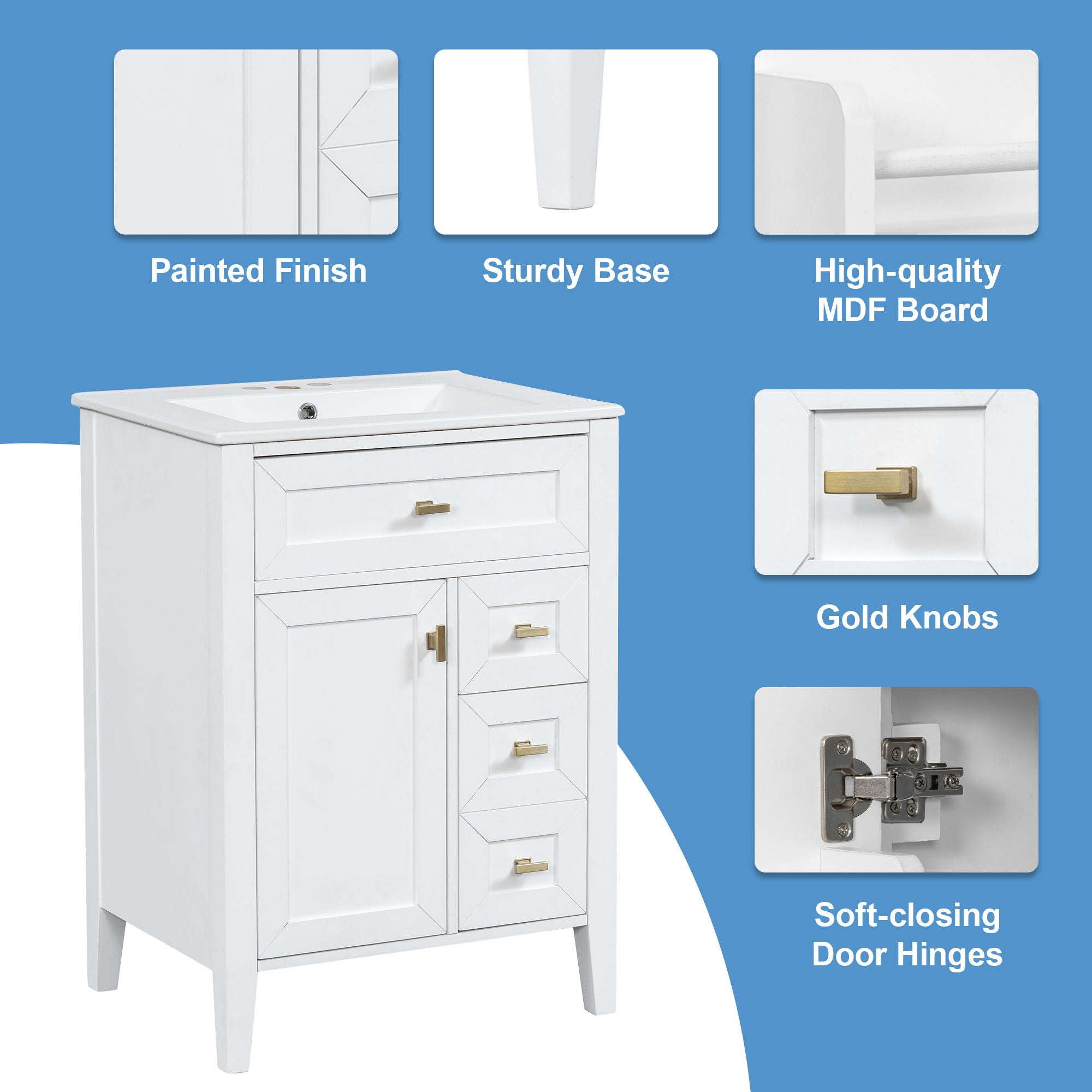 Bathroom Vanity With Sink, 3 Drawers & Cabinet With 2 Tier Door Storage Rack, Soft Close Doors & Drawers