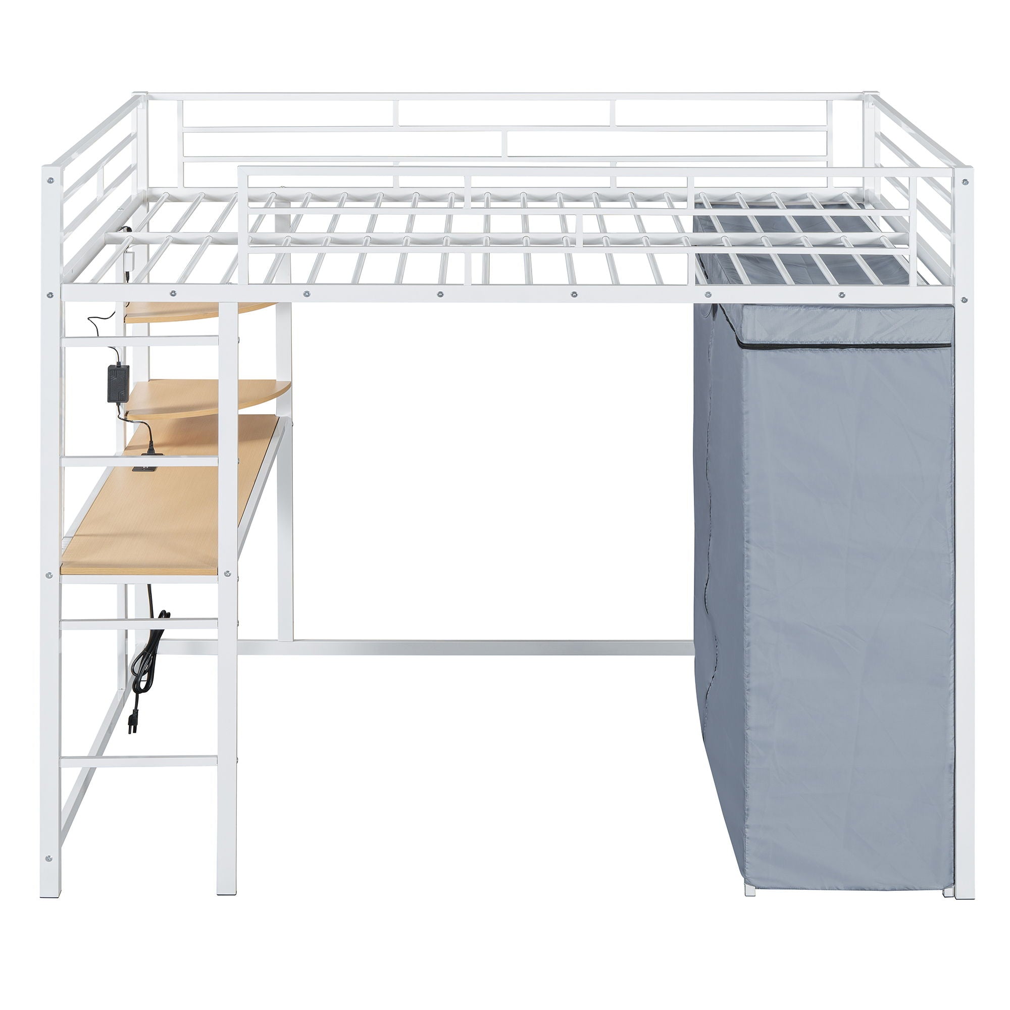 Full Size Loft Bed With Desk, Shelves, Power Outlet, LED Light And Wardrobe - White