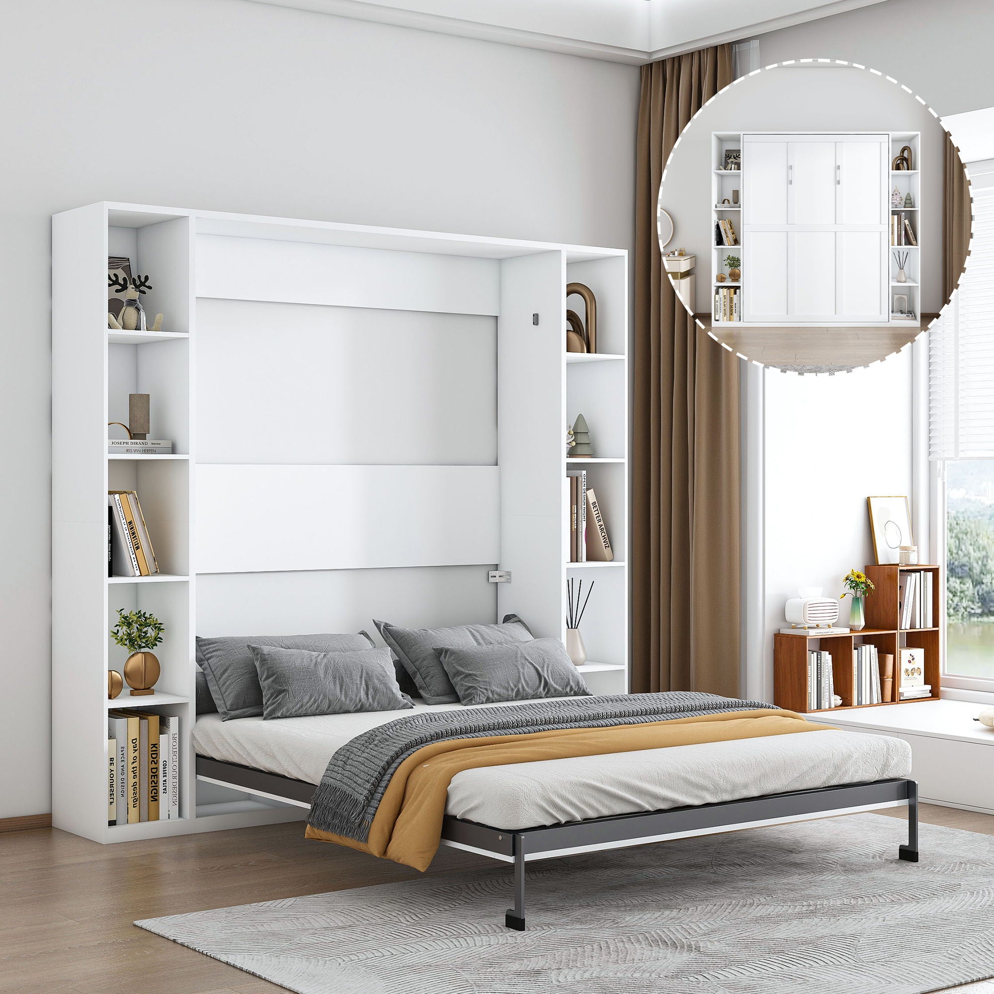 Queen Murphy Bed With Storage Cabinet, Foldable Wall Bed For Bedrooms - White