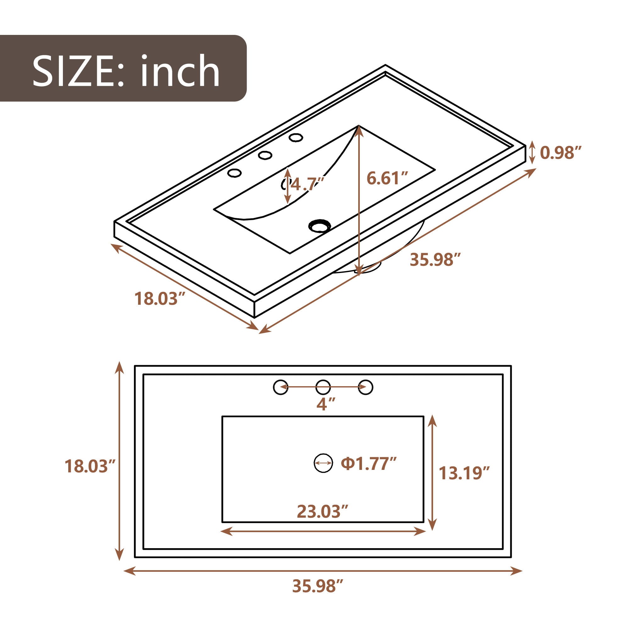 36" Single Bathroom Vanity Top With Undermount Basin, 3 Faucet Holes, Flat Edge - White