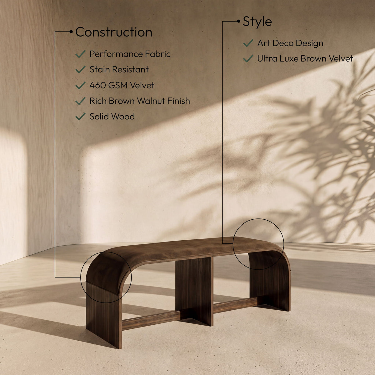 Sable - 52" Velvet Performance Fabric Upholstered Bench