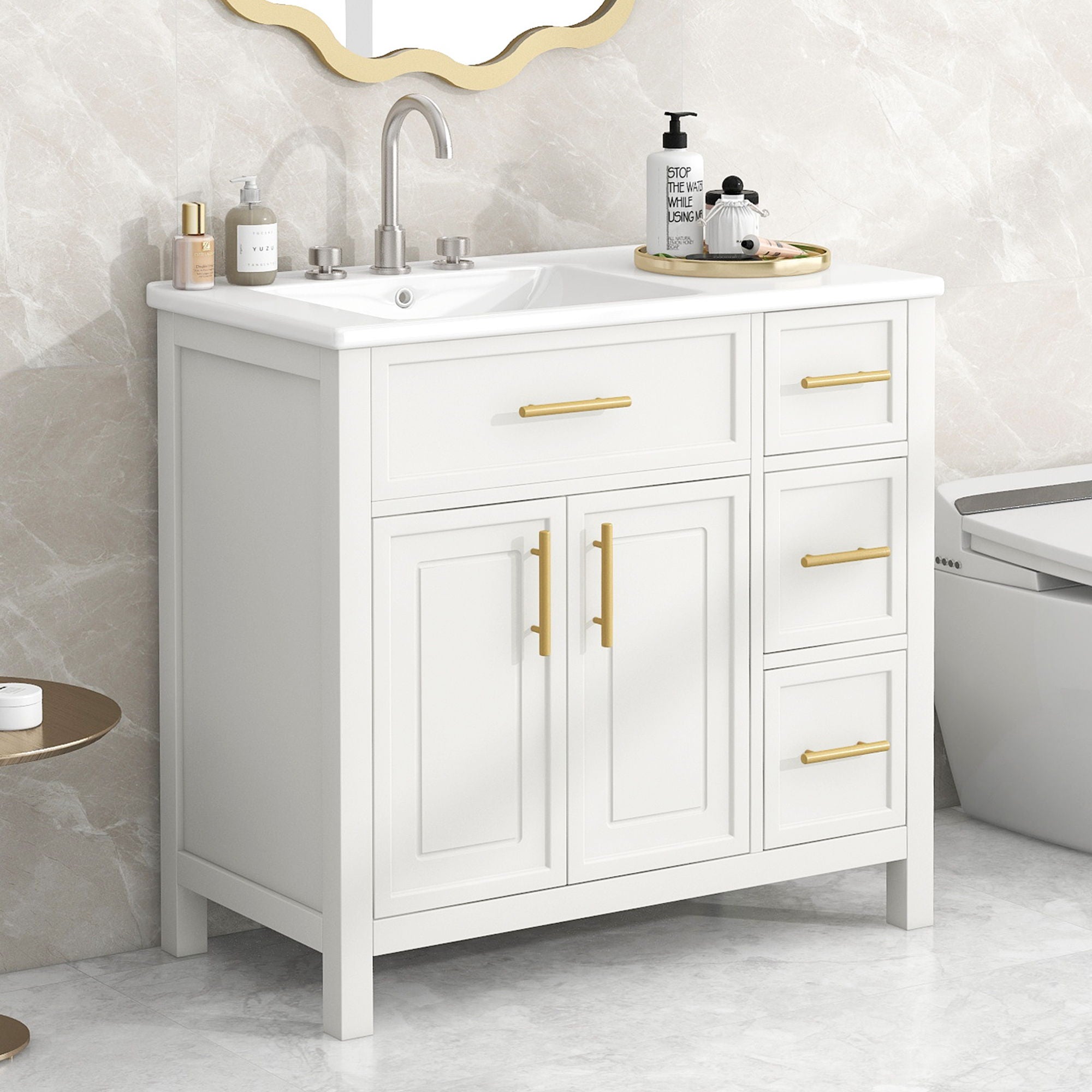 Modern Bathroom Vanity With Sink Top, 2 Doors And 3 Drawers