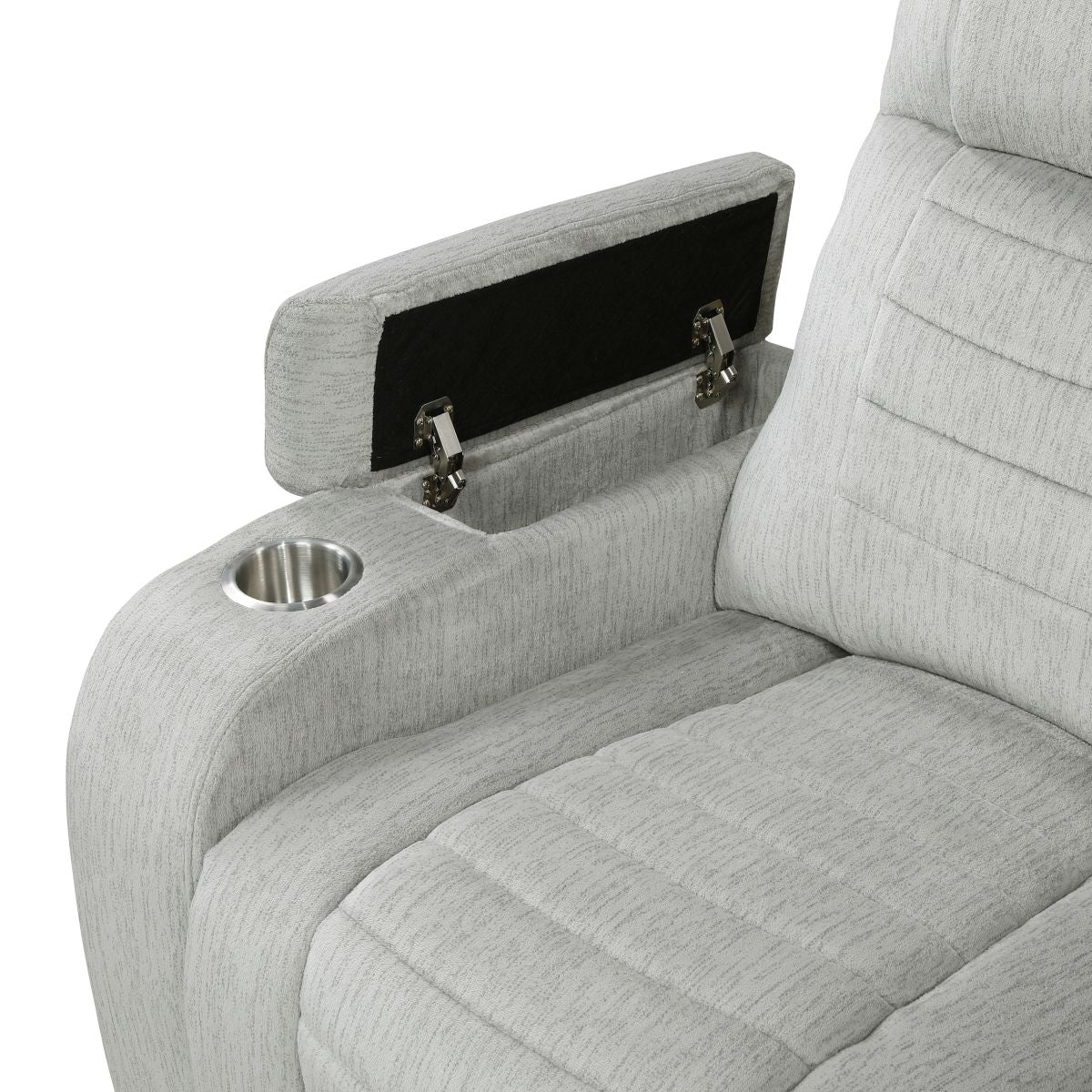 Ronan - Double Reclining Sofa With Center Drop-Down Cup Holders, Storage Arms, Cup Holders, Reading Lights, Magazine Bag, Receptacles, Charging Ports And Led - Gray