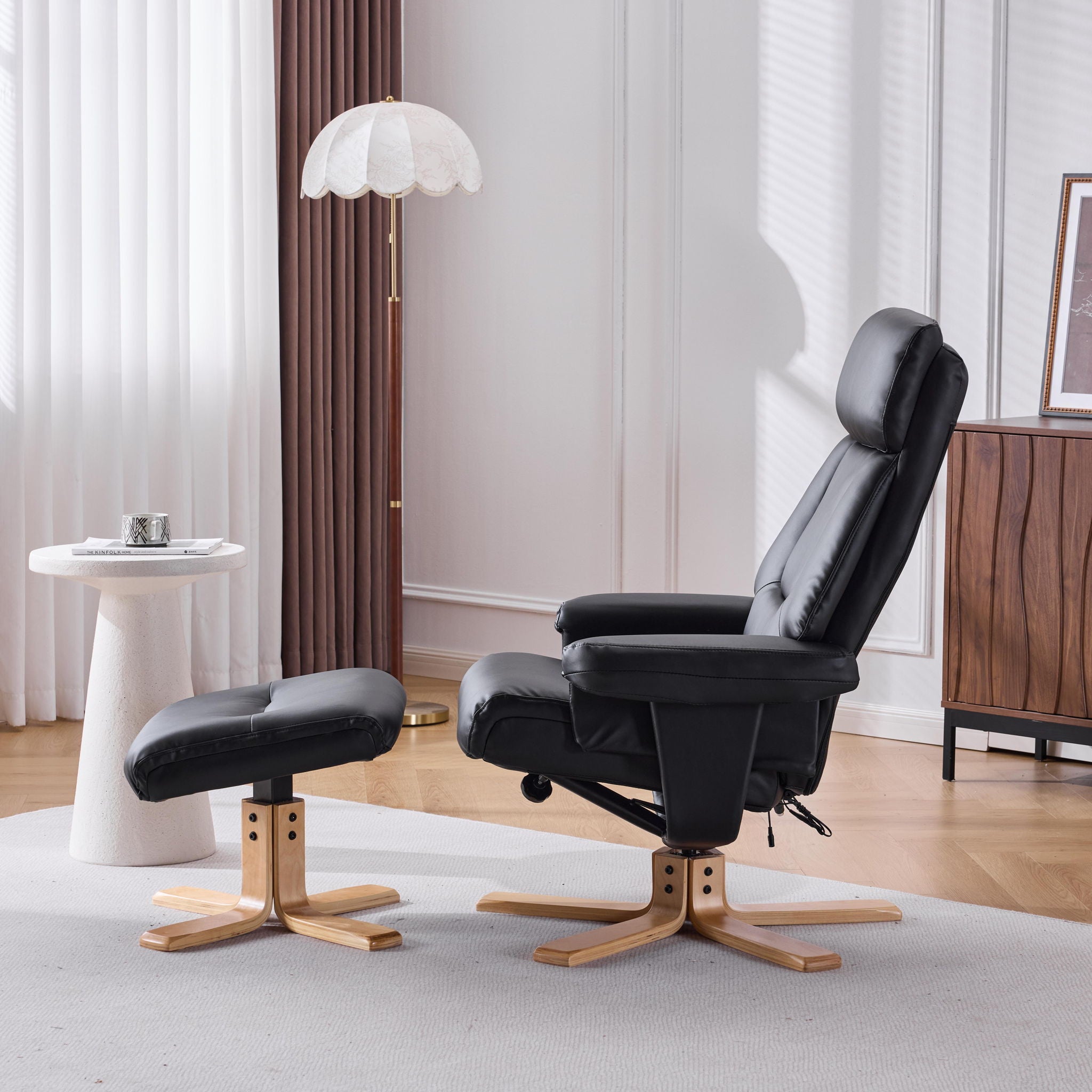 Massage Recliner With Ottoman, 360° Swivel, Heat & Vibration - Black Pu