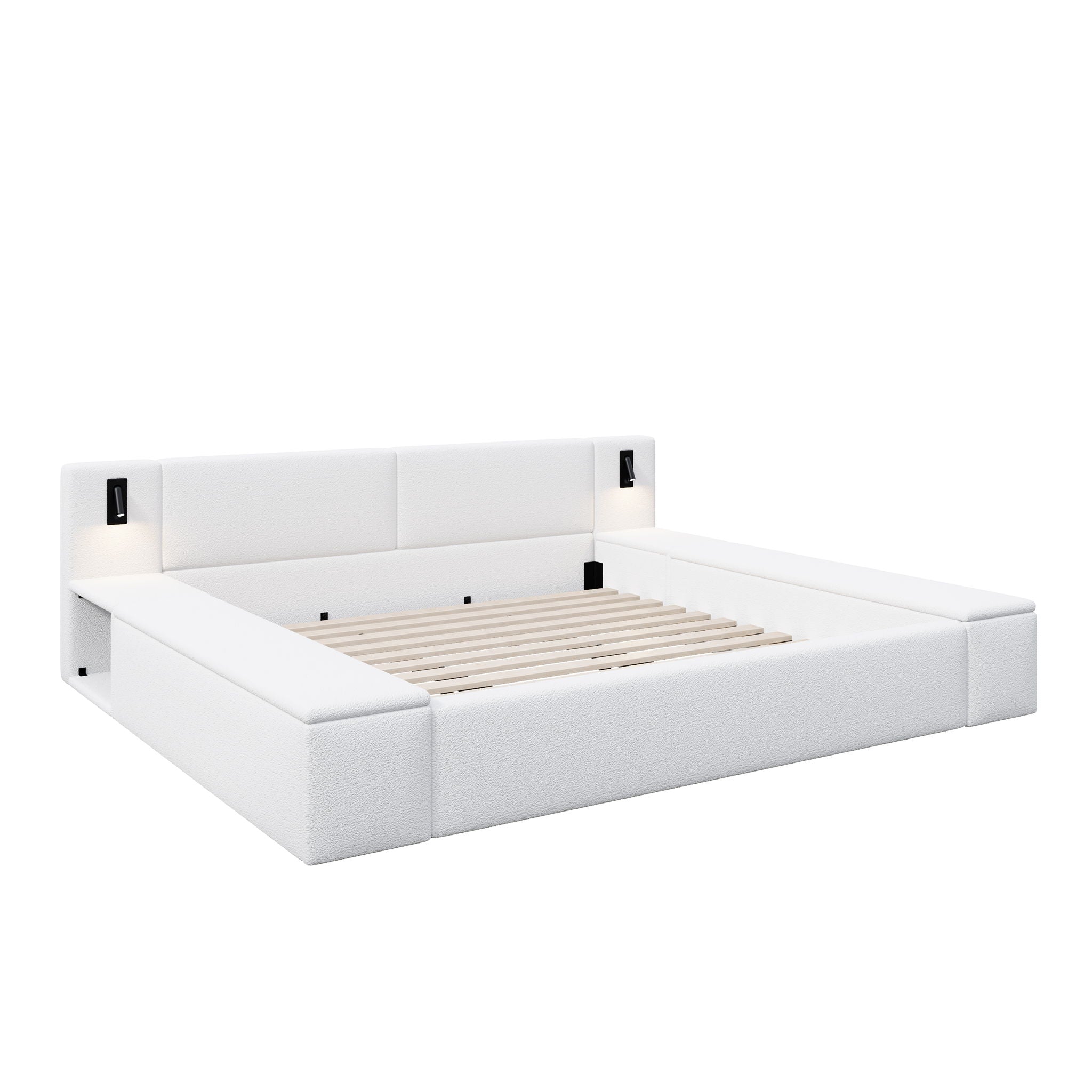 Upholstered Platform Bed Frame With Hidden Storage, Built-In Nightstands & LED Reading Lights