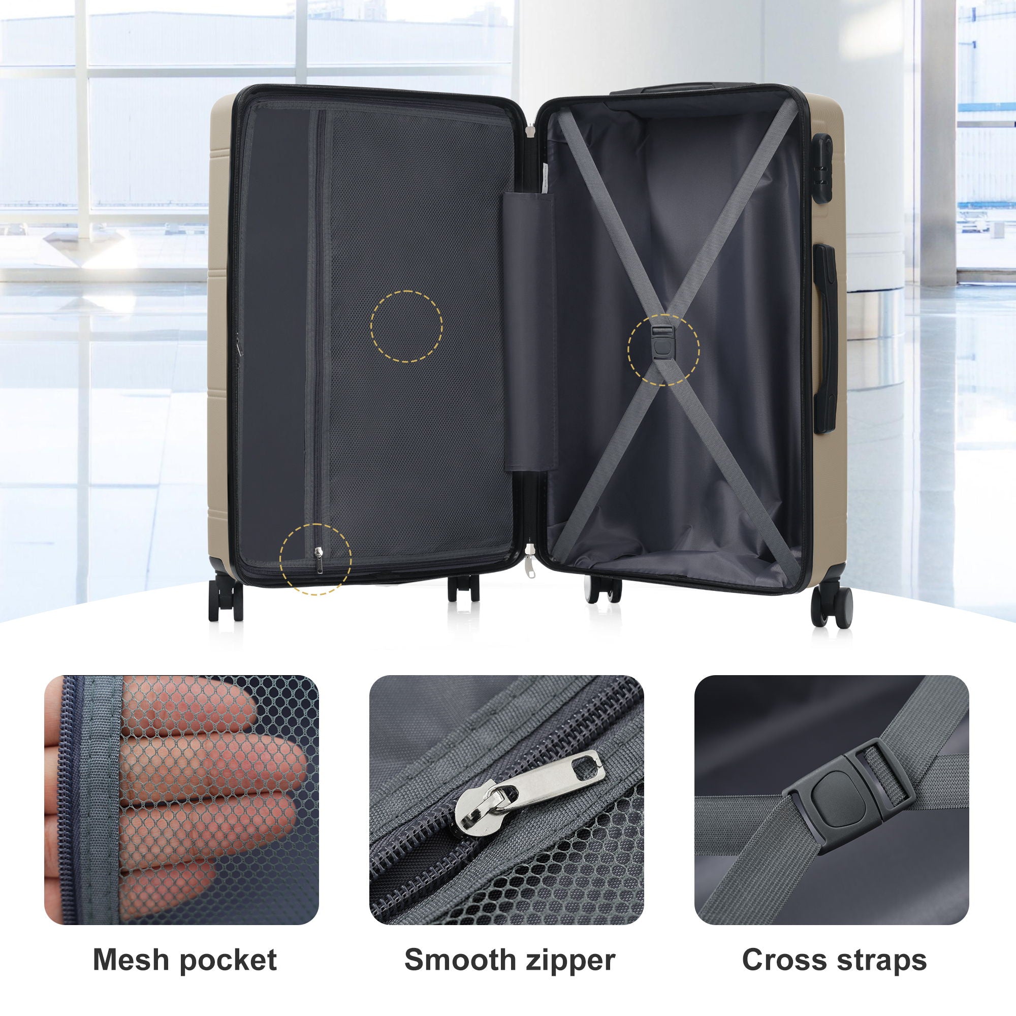 6 Piece Lightweight Hardshell Luggage Set With Double Spinner Wheels, Password Lock
