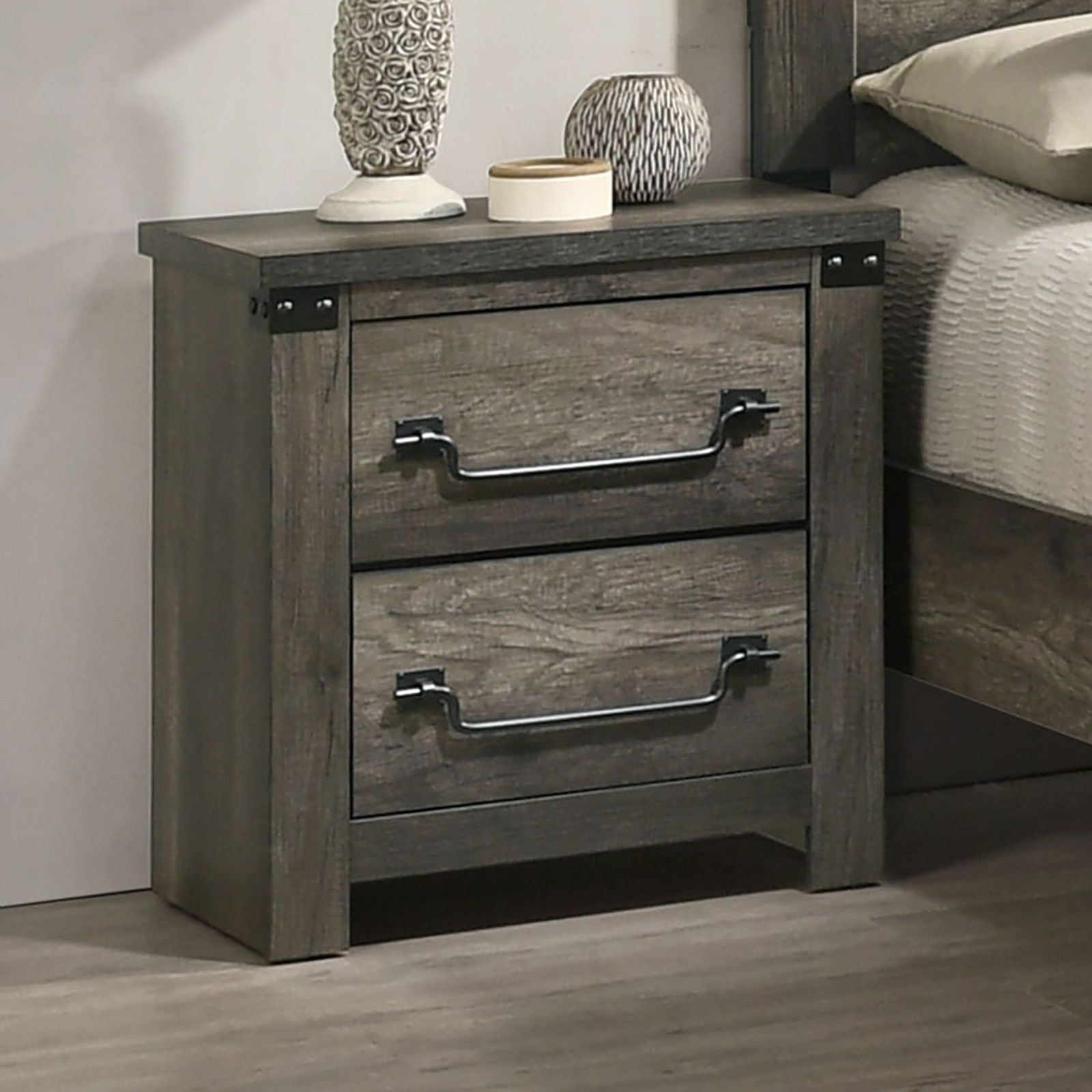 Nightstand, 2 Drawer Storage - Gray