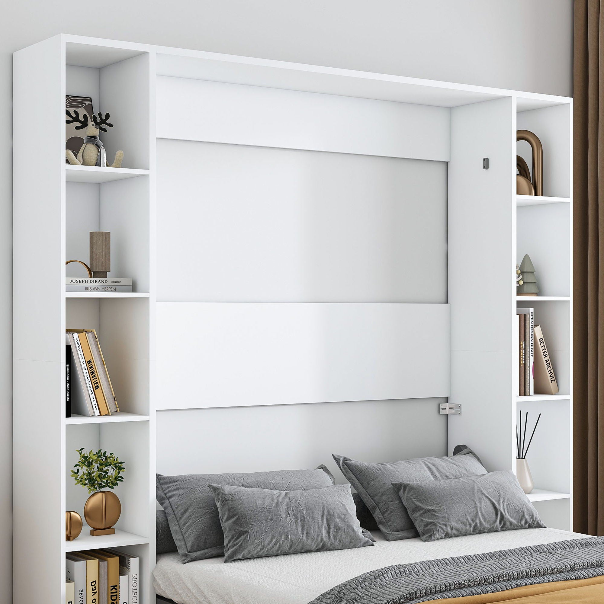 Queen Murphy Bed With Storage Cabinet, Foldable Wall Bed For Bedrooms - White