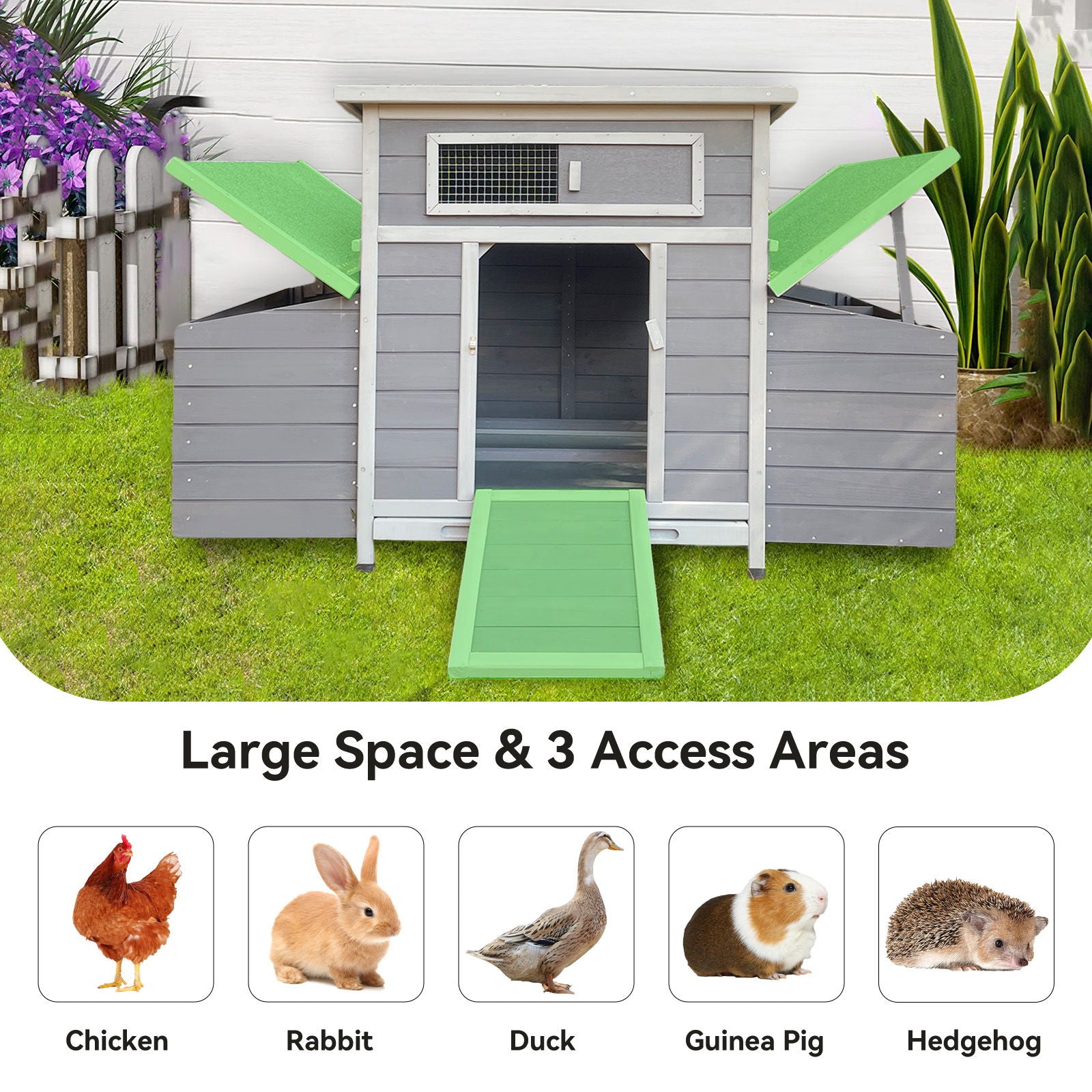 Chicken Coop, Large Outdoor Hen House With Run And Nesting Box Poultry Cage, Rabbit Hutch - Gray