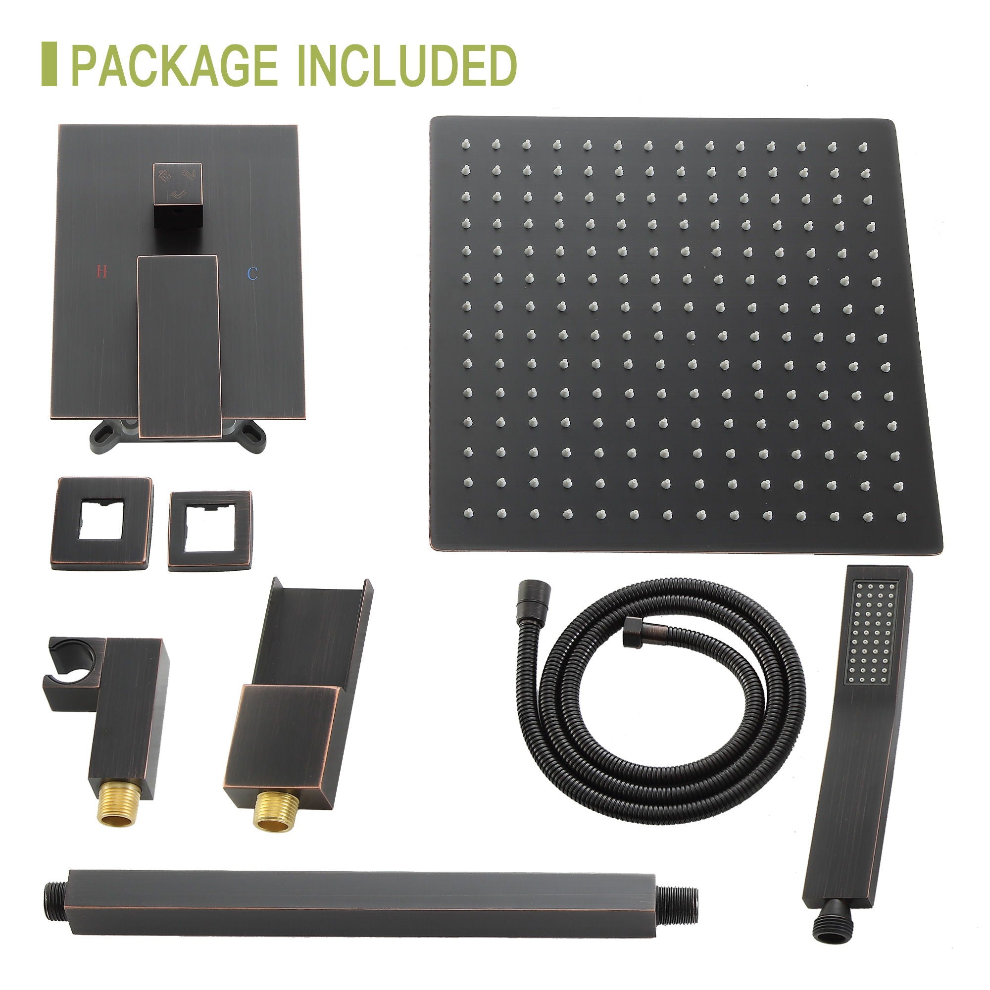 Shower System With Waterfall Tub Spout And 16" Ceiling Mount Square Rain Shower - Oil-Rubbed Bronze
