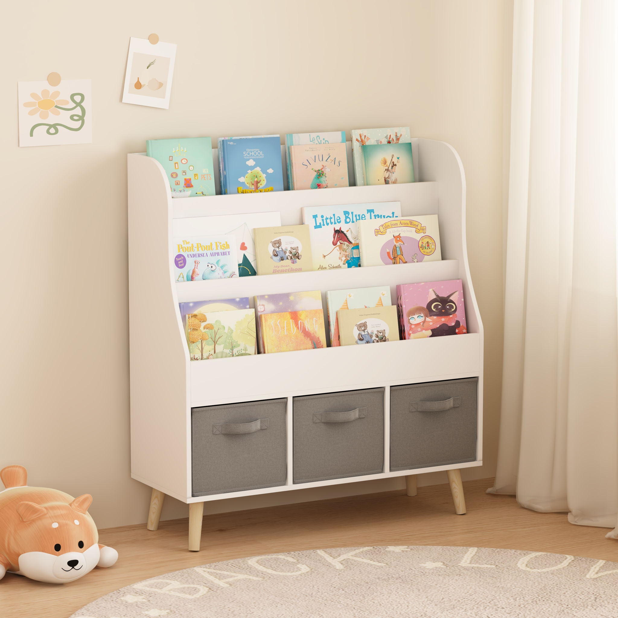 Bookshelf With 3 Bins, Storage Shelf For Toys And Books