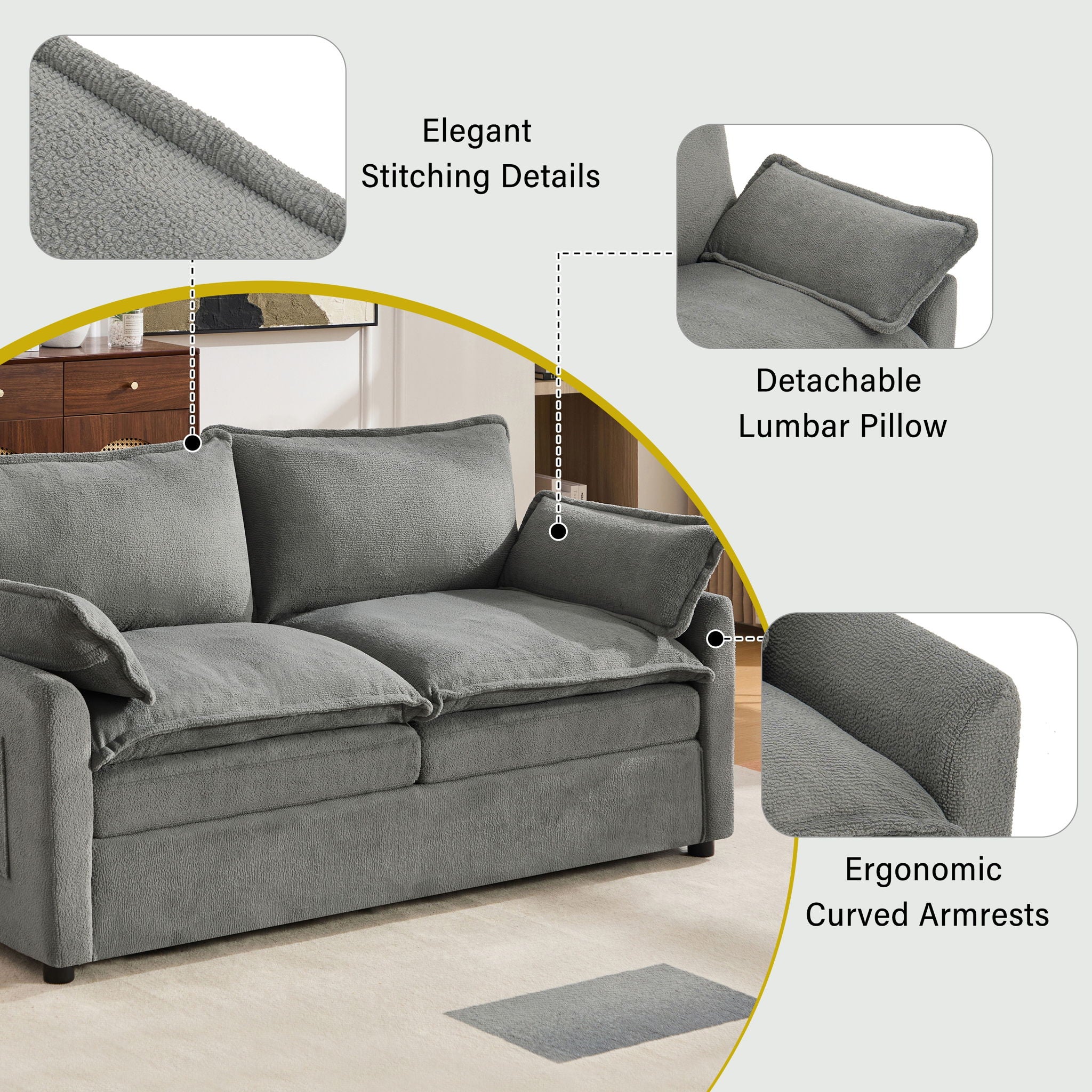 Modern Loveseat Sofa, Upholstered Couch With Side Storage Pockets