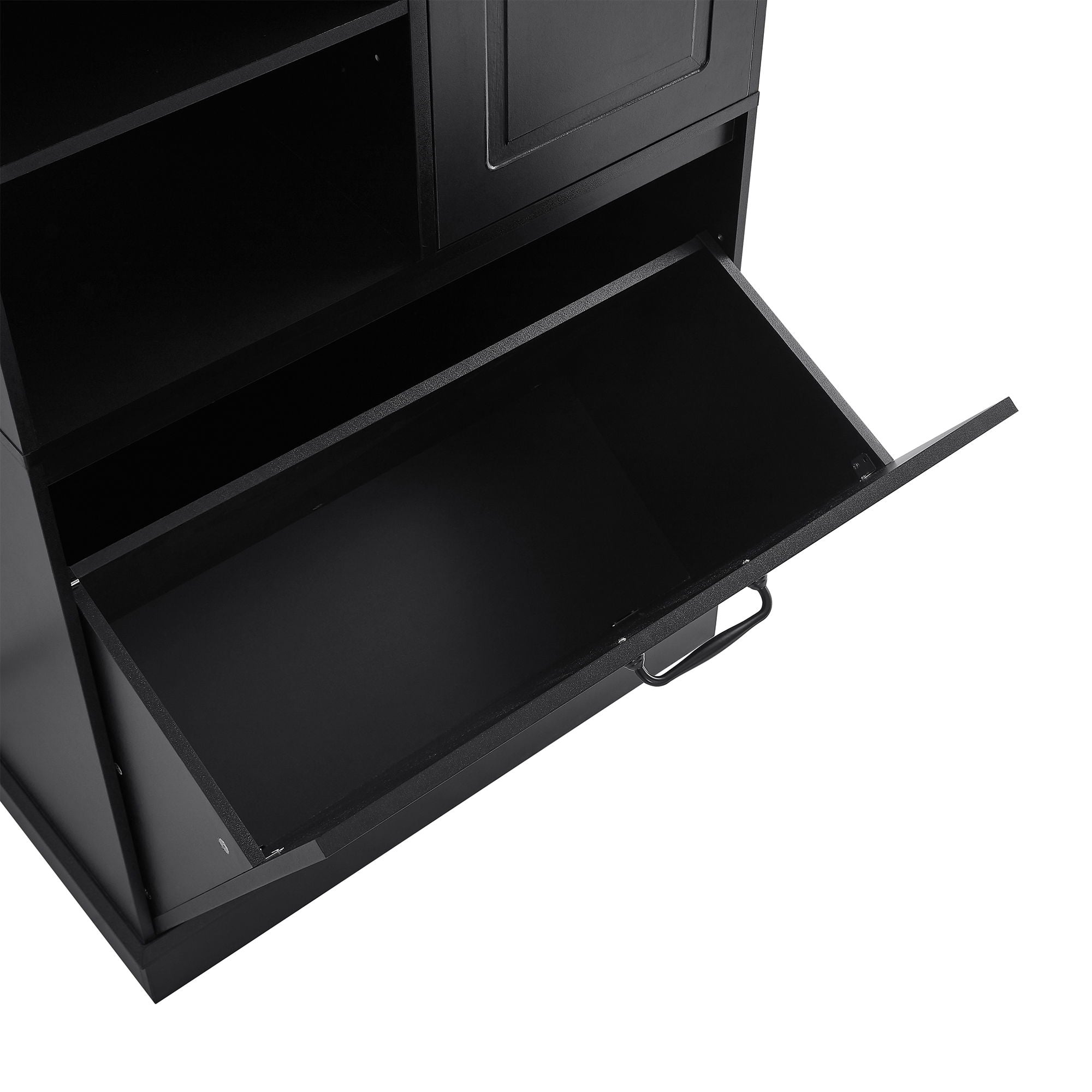 Modern Tall Storage Cabinet With Adjustable Shelves, Flip-Out Basket & Enclosed Doors