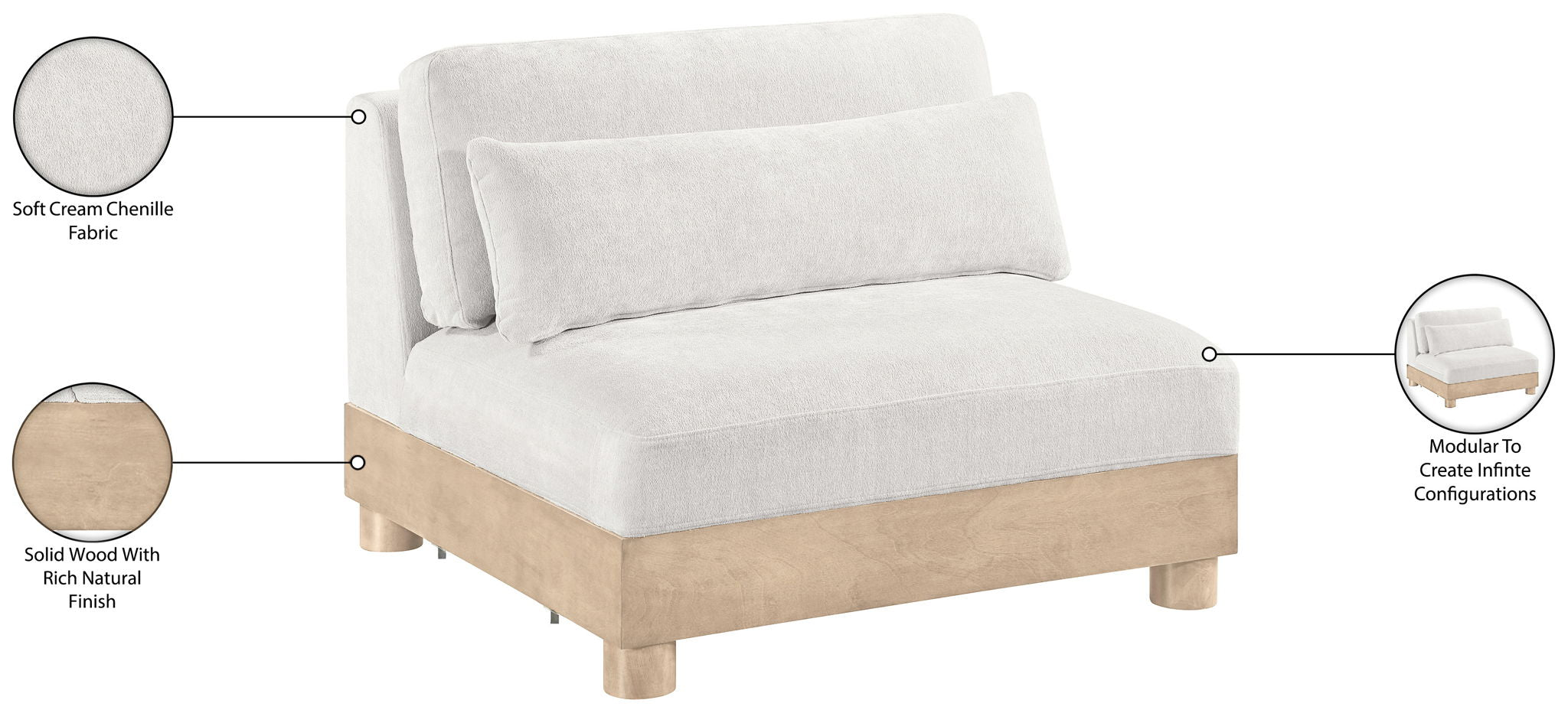 Turin - Chenille Fabric Upholstered Modular Armless Chair - Natural Base