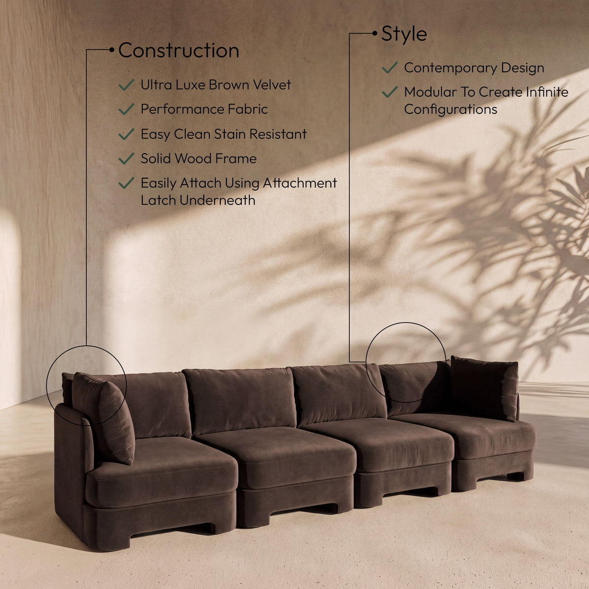 Hammond - Velvet Performance Fabric Upholstered 4 Piece Sofa