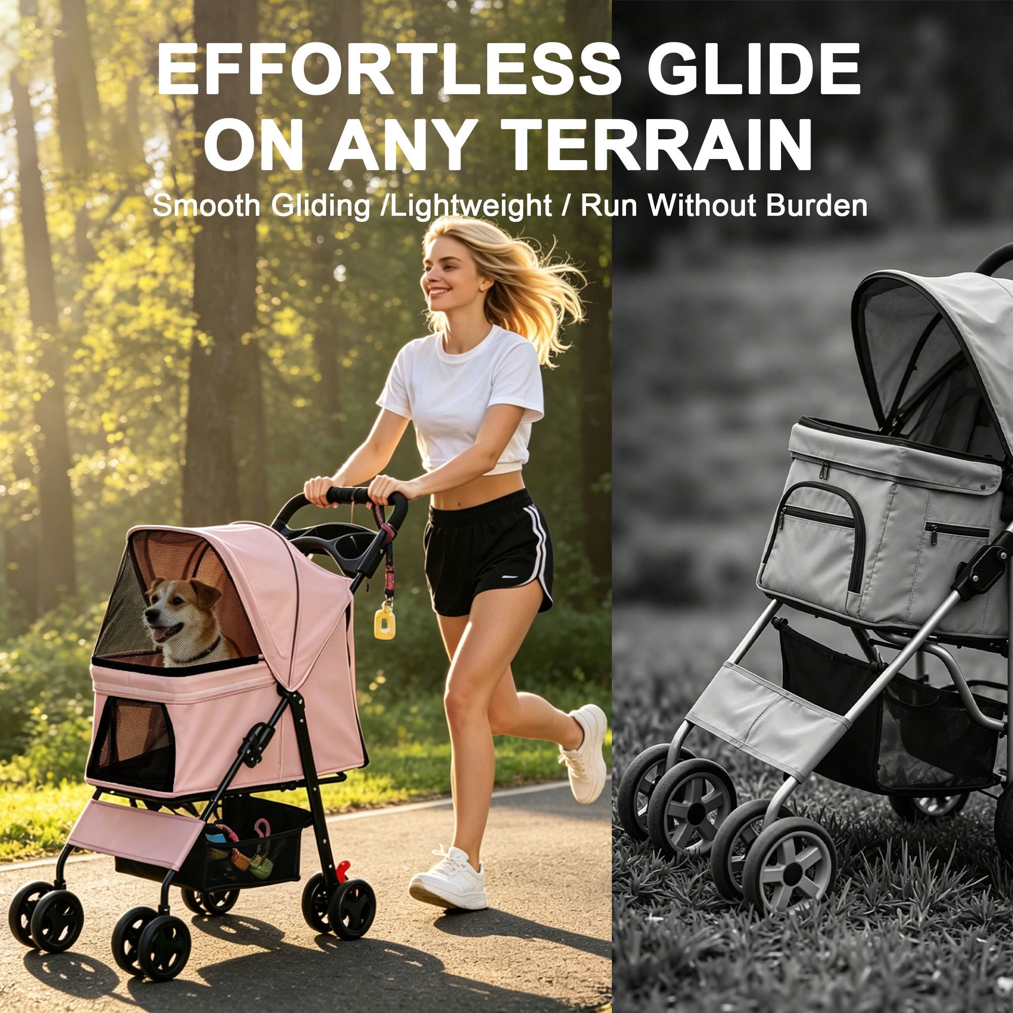 Foldable Pet Stroller For Small Dogs And Cats With Multi Functional Tray