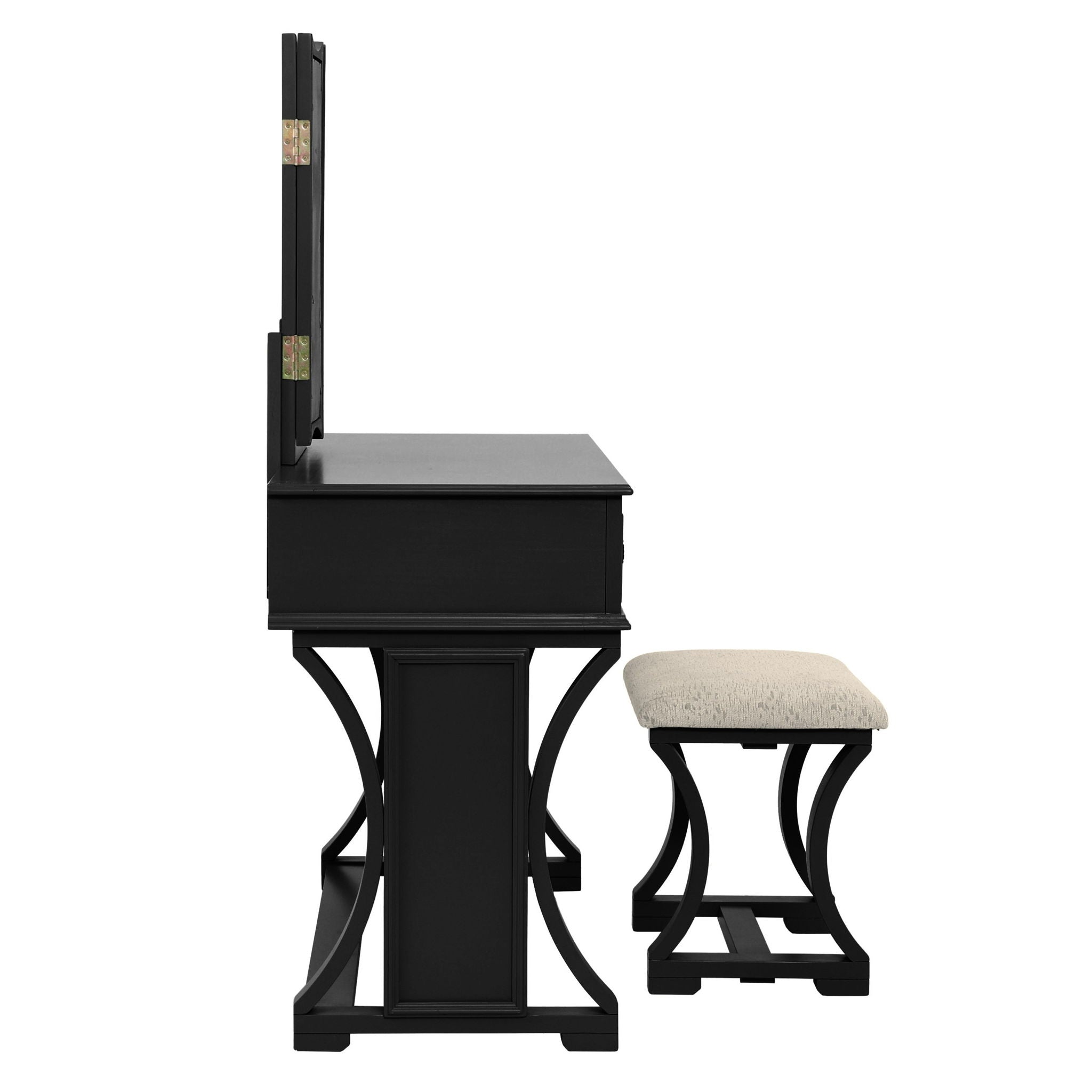 Bedroom Vanity Set With Foldable Mirror And Stool - Black