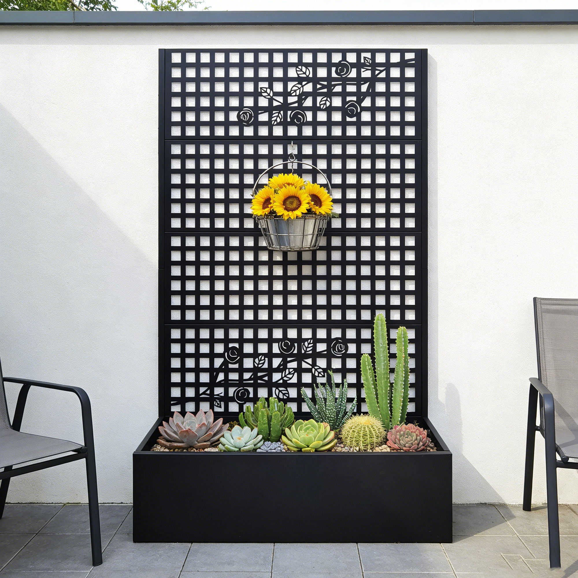 Planter Box With Trellis, Outdoor Raised Garden Bed With Privacy Screen Lattice Panels For Patio - Black