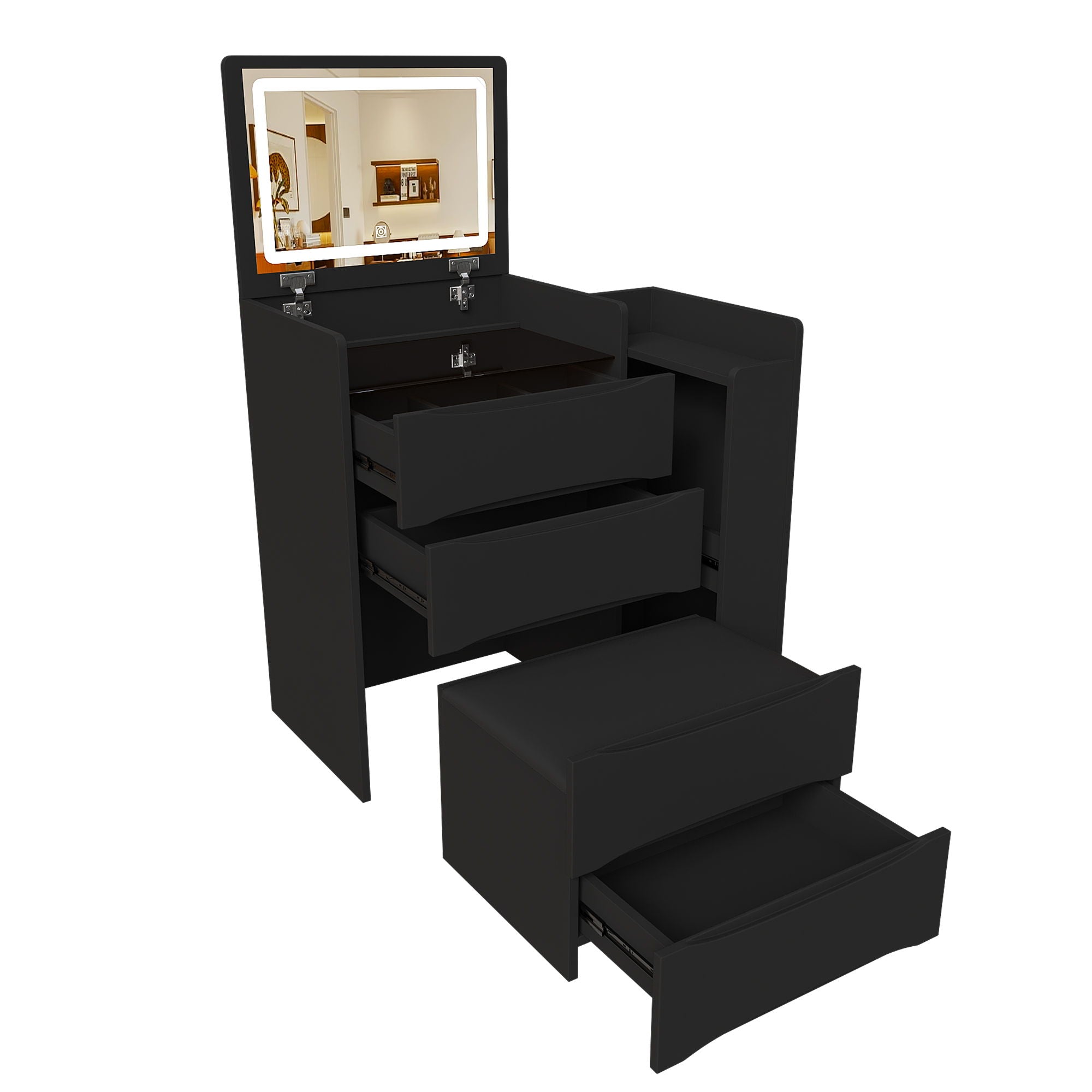 Flip Mirror Vanity Desk With Adjustable LED Lights & Stool For Bedroom
