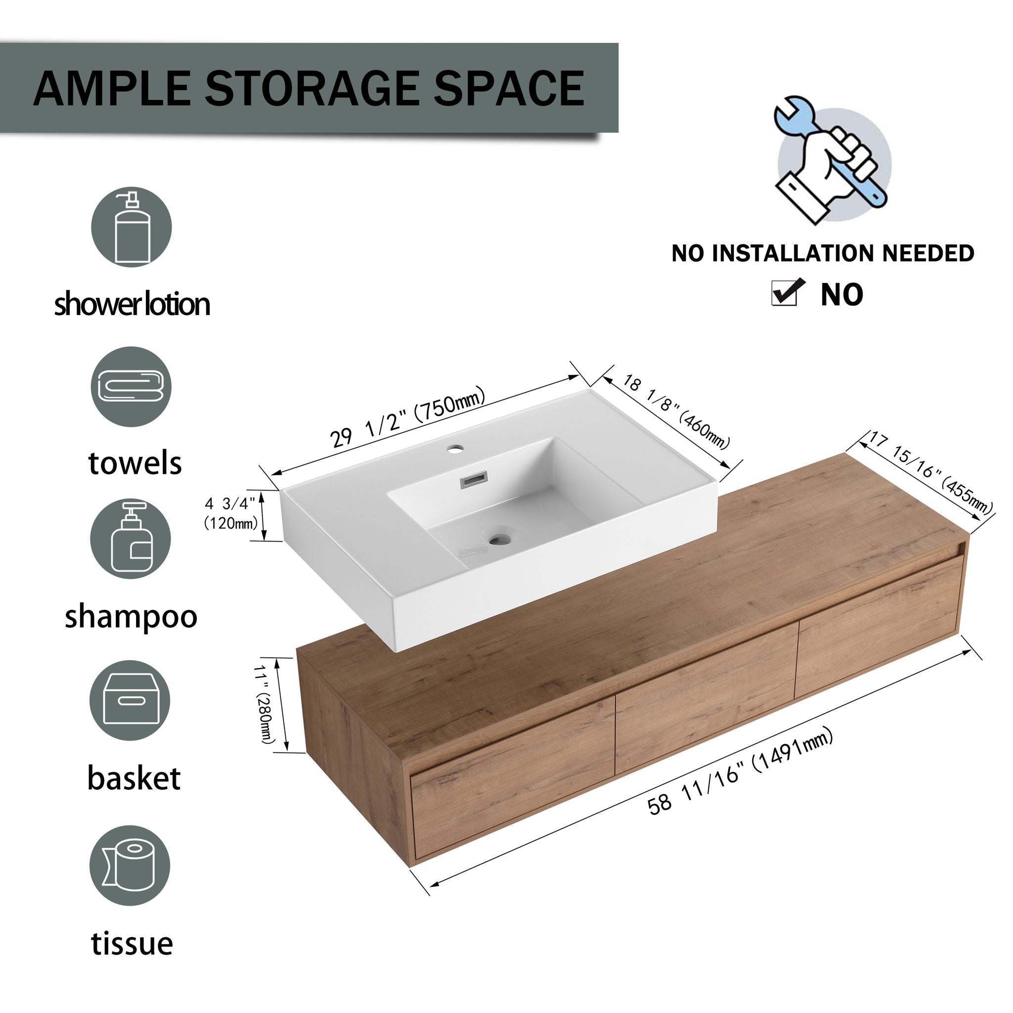 Modern Wall Mounted Bathroom Vanity With Resin Sink, Soft Close Drawer - Imitative Oak